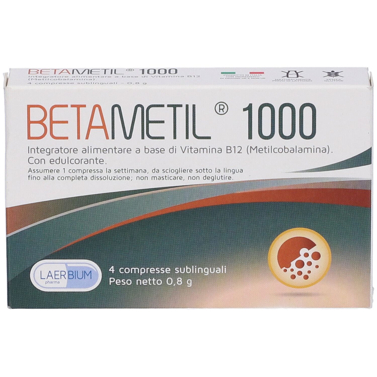 Confezione di Betametil 1000, 4 compresse sublinguali. Scatola bianca con scritte rosse e blu. Vista dall'alto.