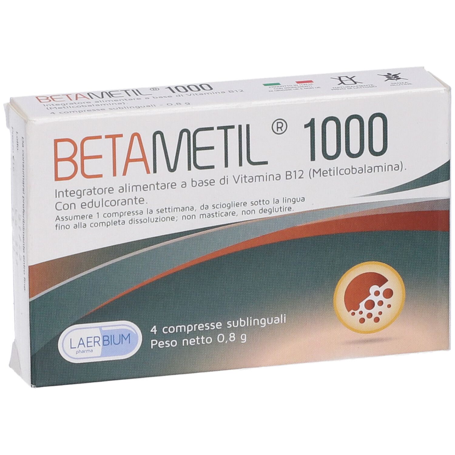 Confezione di Betametil 1000, 4 compresse sublinguali. Scatola bianca con scritte rosse e blu. Vista.