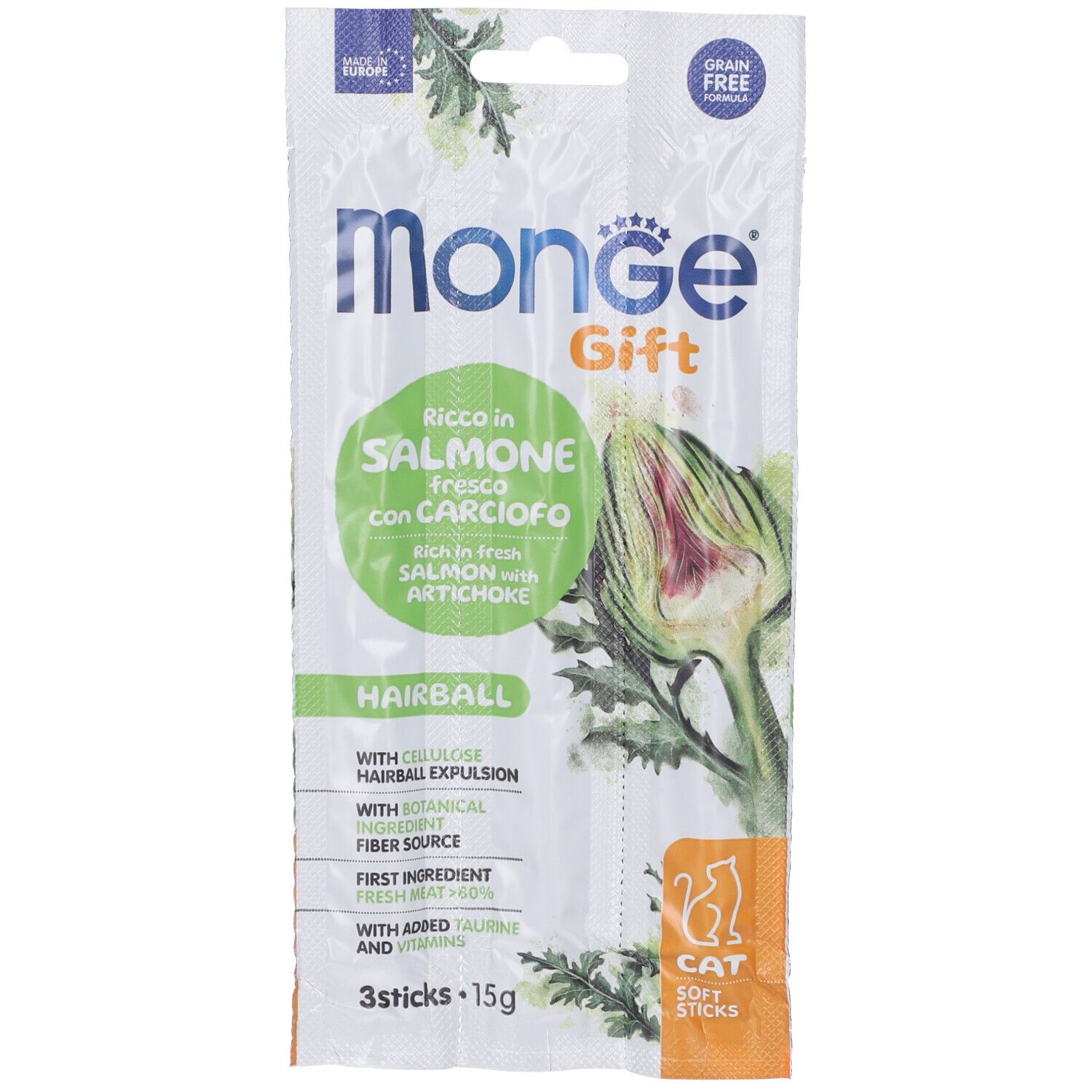 Monge Cat Soft Sticks Hairball Ricco in Salmone Fresco con Carciofo