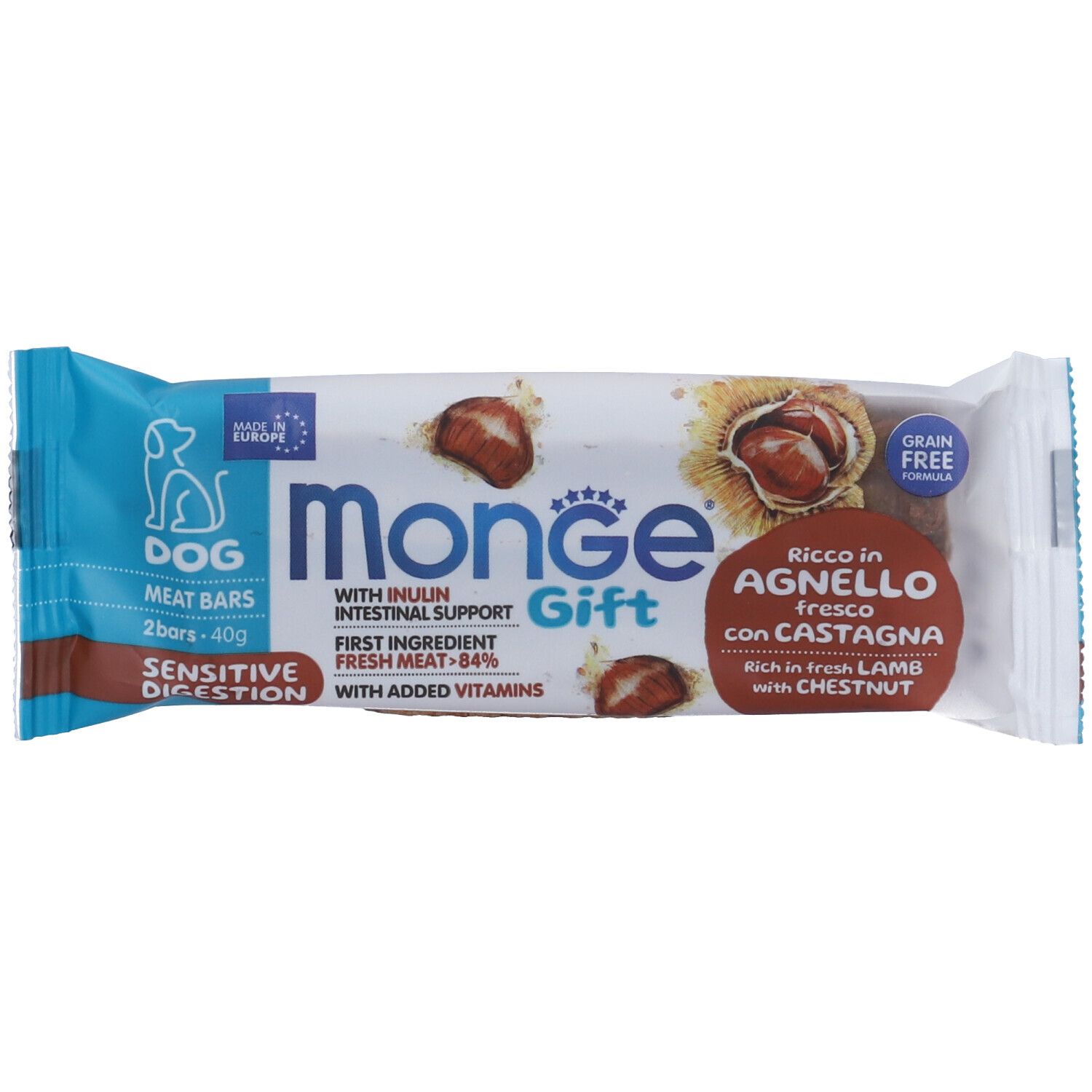 Monge Dog Meat Bars Sensitive Digestion Ricco in Agnello Fresco con Castagne e Inulina