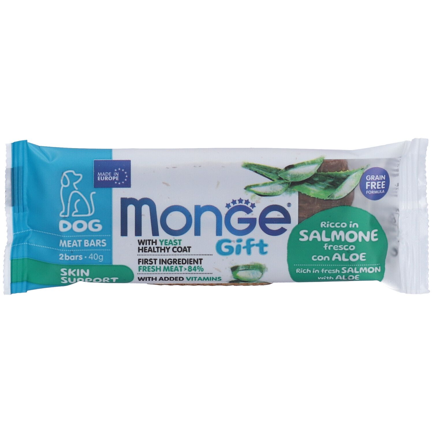 Monge Dog Meat Bars Skin Support Ricco in Salmone Fresco con Aloe Vera e Lievito