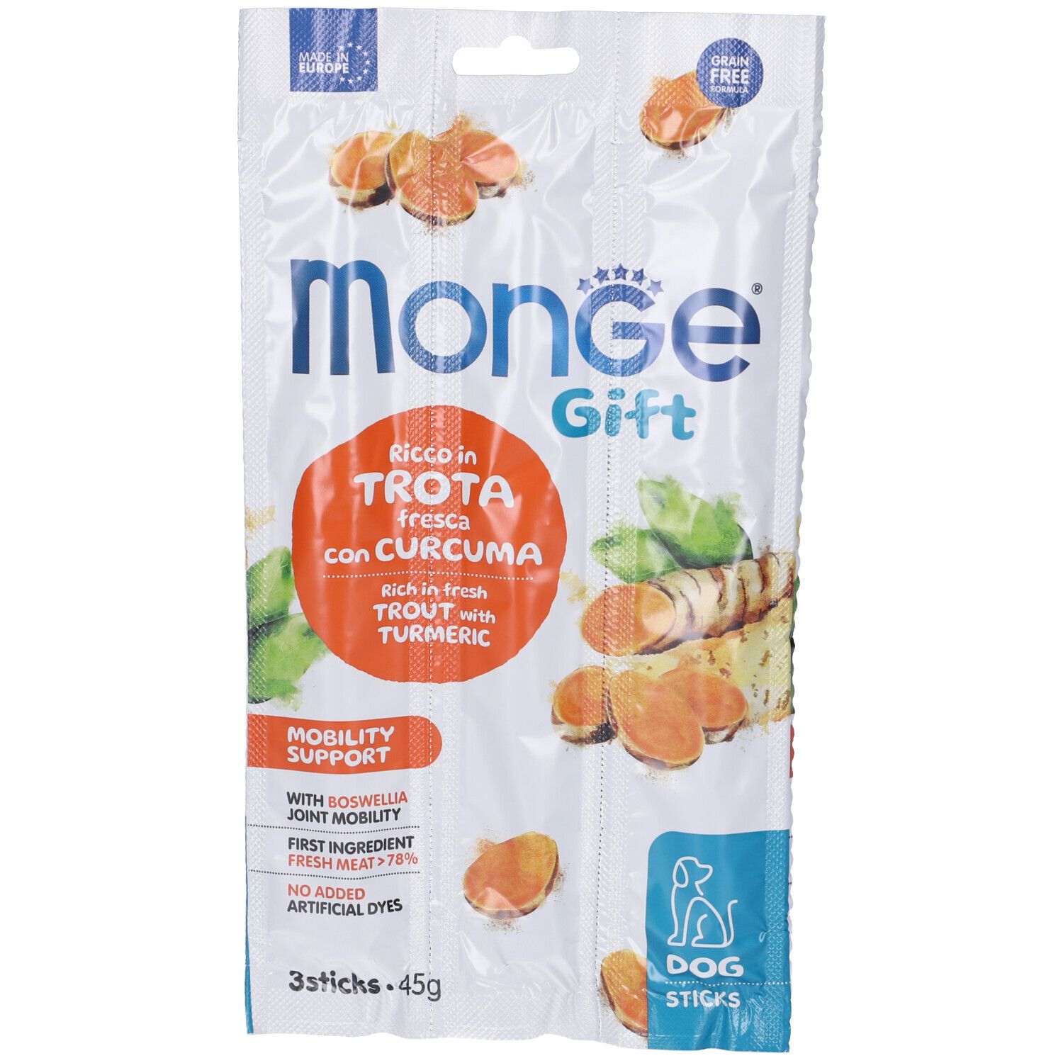 Monge Dog Sticks Gift Mobility Support Ricco in Trota Fresca con Boswellia e Curcuma
