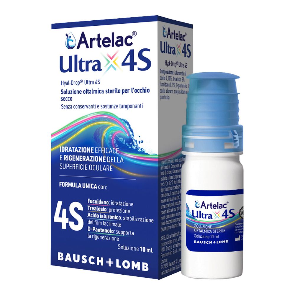 Augentropfen-Fläschchen und Verpackung. Aufschrift: Artelac Ultra 4S. Sterile Lösung für trockene Augen.