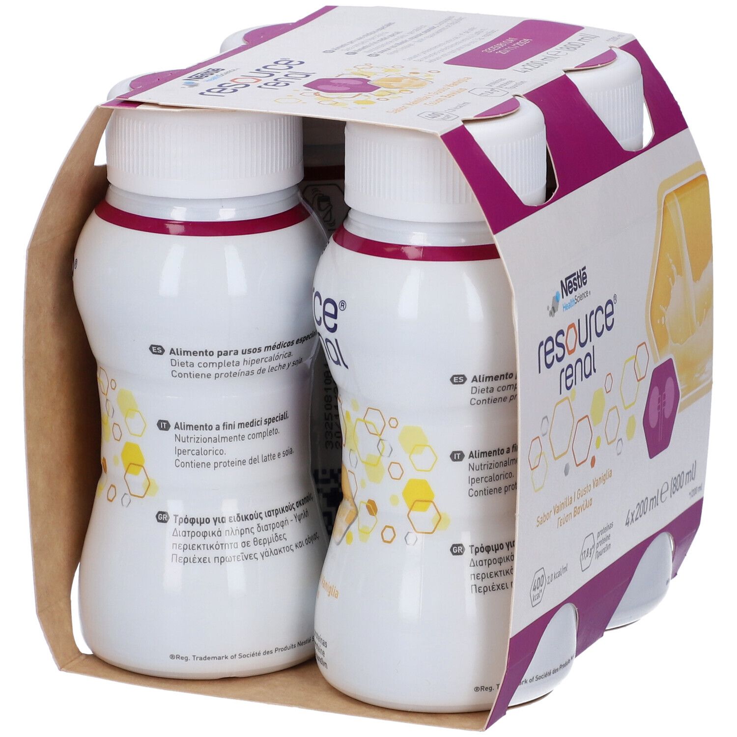 Confezione da quattro bottiglie. Scritta: Nestle Resource Renal. Bottiglie in supporto marrone. Testo in diverse lingue.