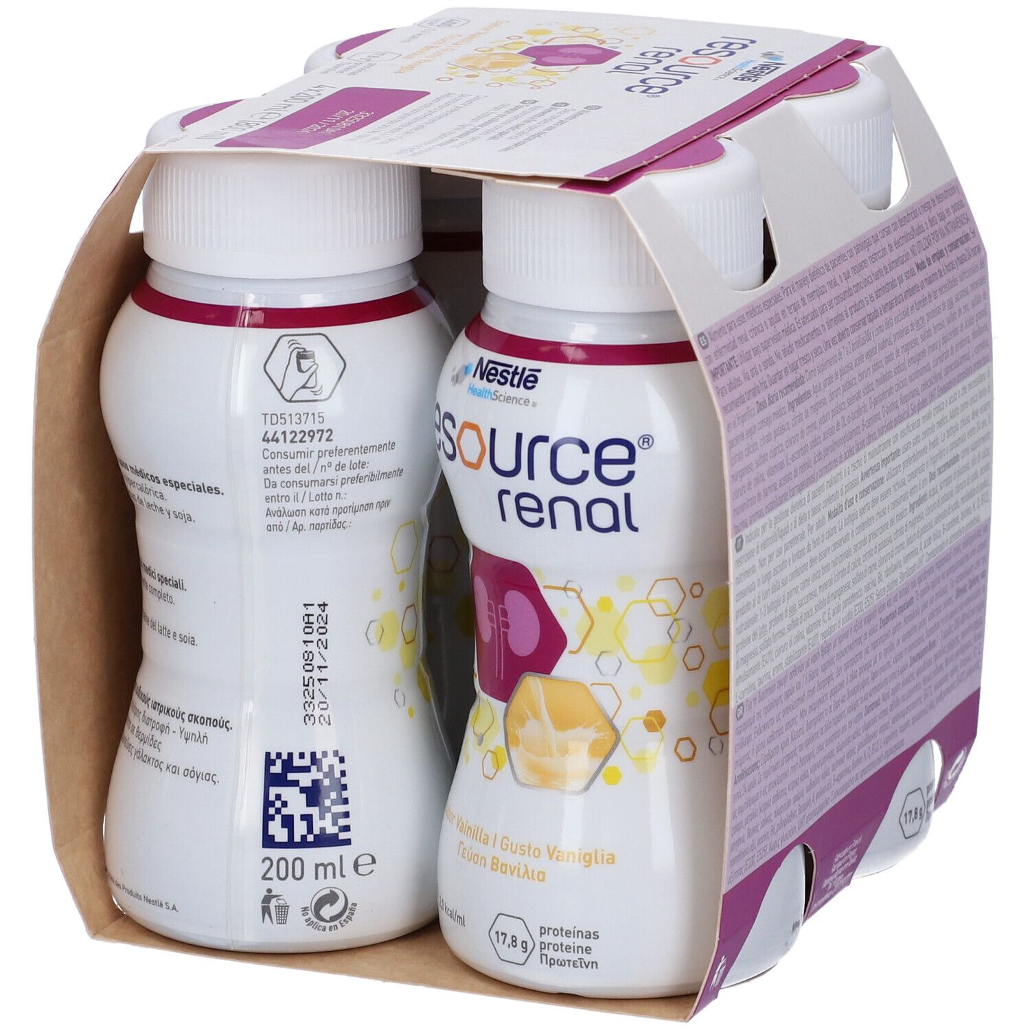 Confezione da quattro bottiglie. Scritta: Nestle Resource Renal, gusto vaniglia. 200 ml. Codice QR e data di scadenza.