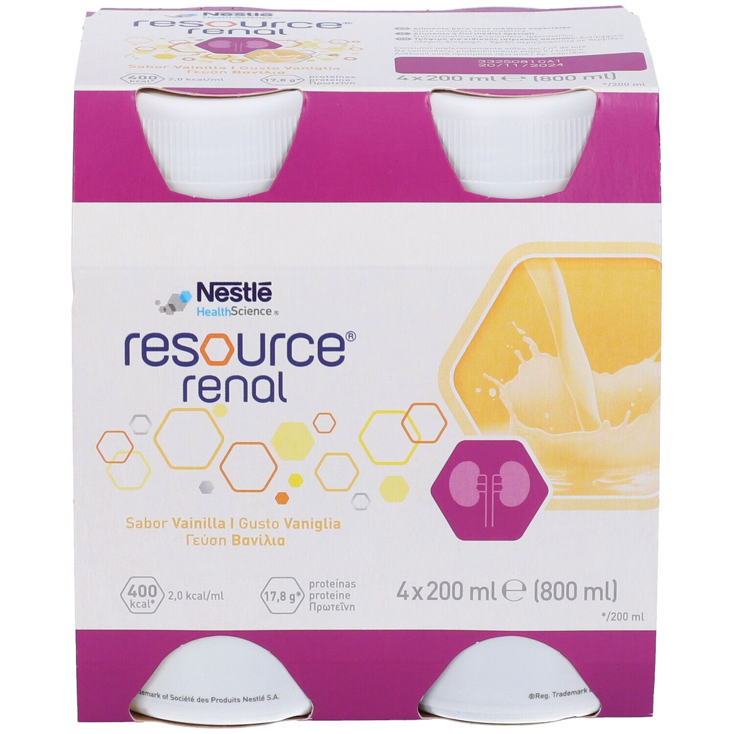 Confezione da quattro bottiglie. Scritta: Nestle Resource Renal, gusto vaniglia. 4 x 200 ml. Illustrazione di un rene. 400 kcal.