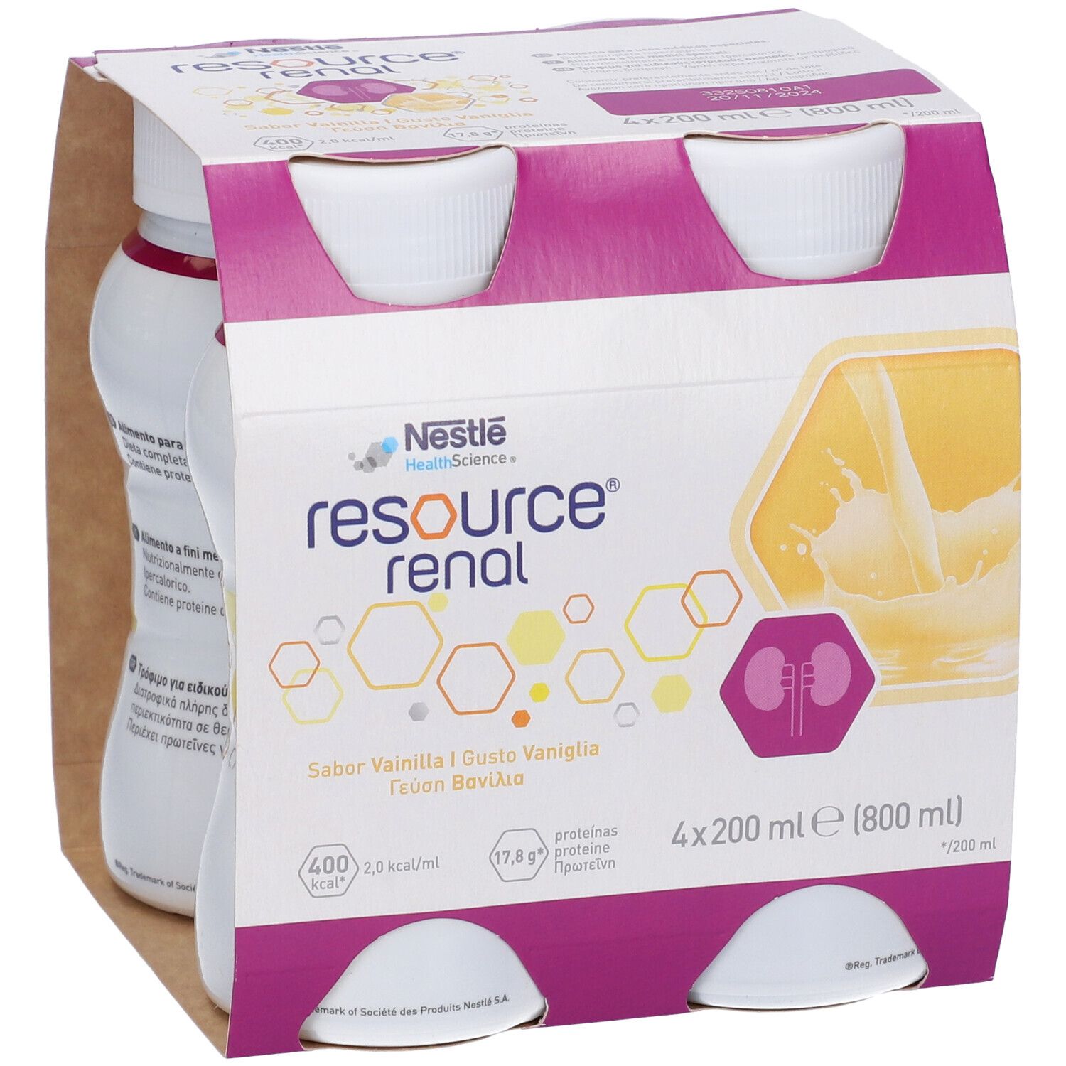 Confezione da quattro bottiglie. Scritta: Nestle Resource Renal, gusto vaniglia. 4 x 200 ml. Illustrazione di un rene.