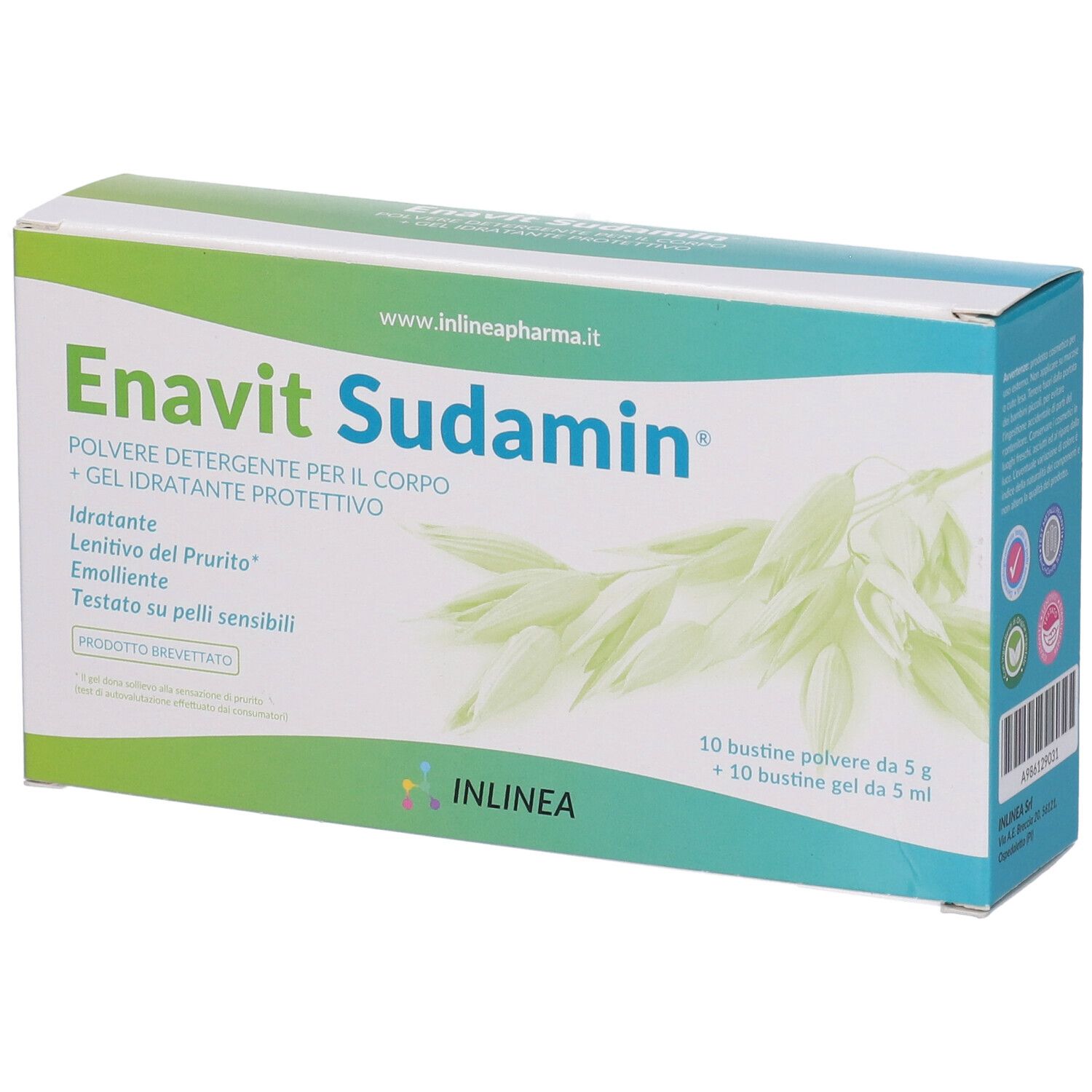 Scatola Enavit Sudamin, polvere e gel. Confezione verde e bianca con motivo floreale. Scritte in italiano.