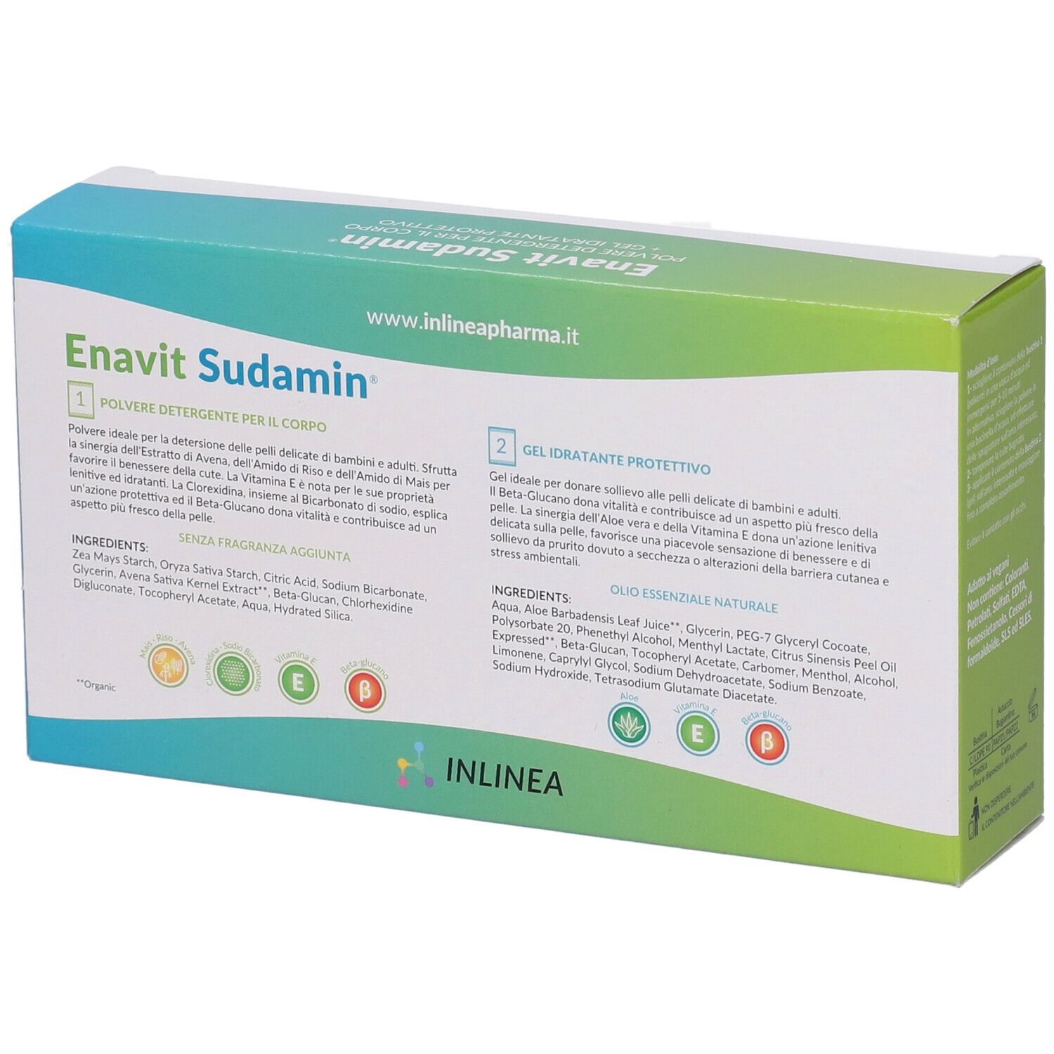 Retro della confezione Enavit Sudamin. Testo in italiano con ingredienti e istruzioni per l'uso.