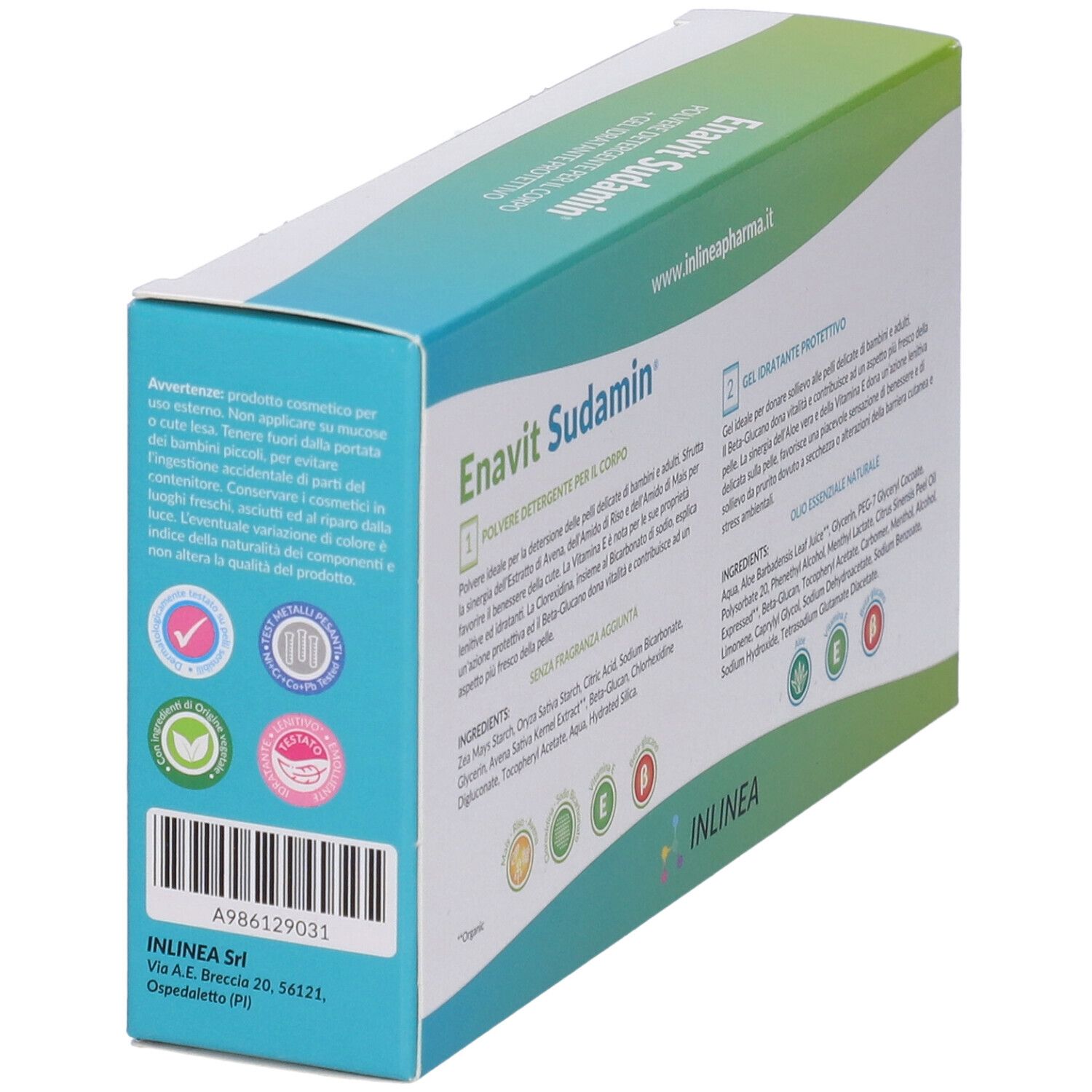 Vista obliqua della confezione Enavit Sudamin. Testo in italiano con avvertenze e ingredienti.