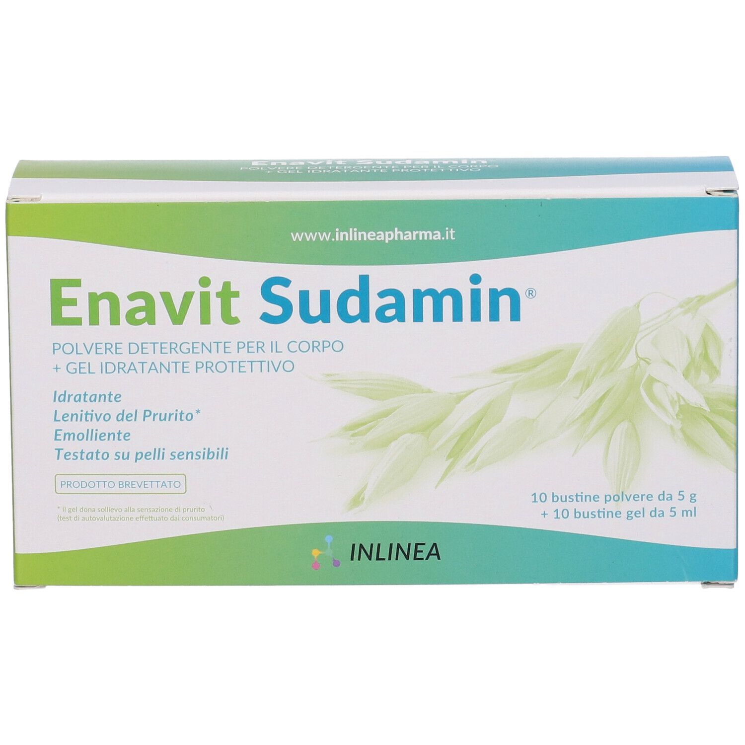 Confezione Enavit Sudamin. Scatola verde e bianca con nome e informazioni. 10 bustine polvere e 10 gel.