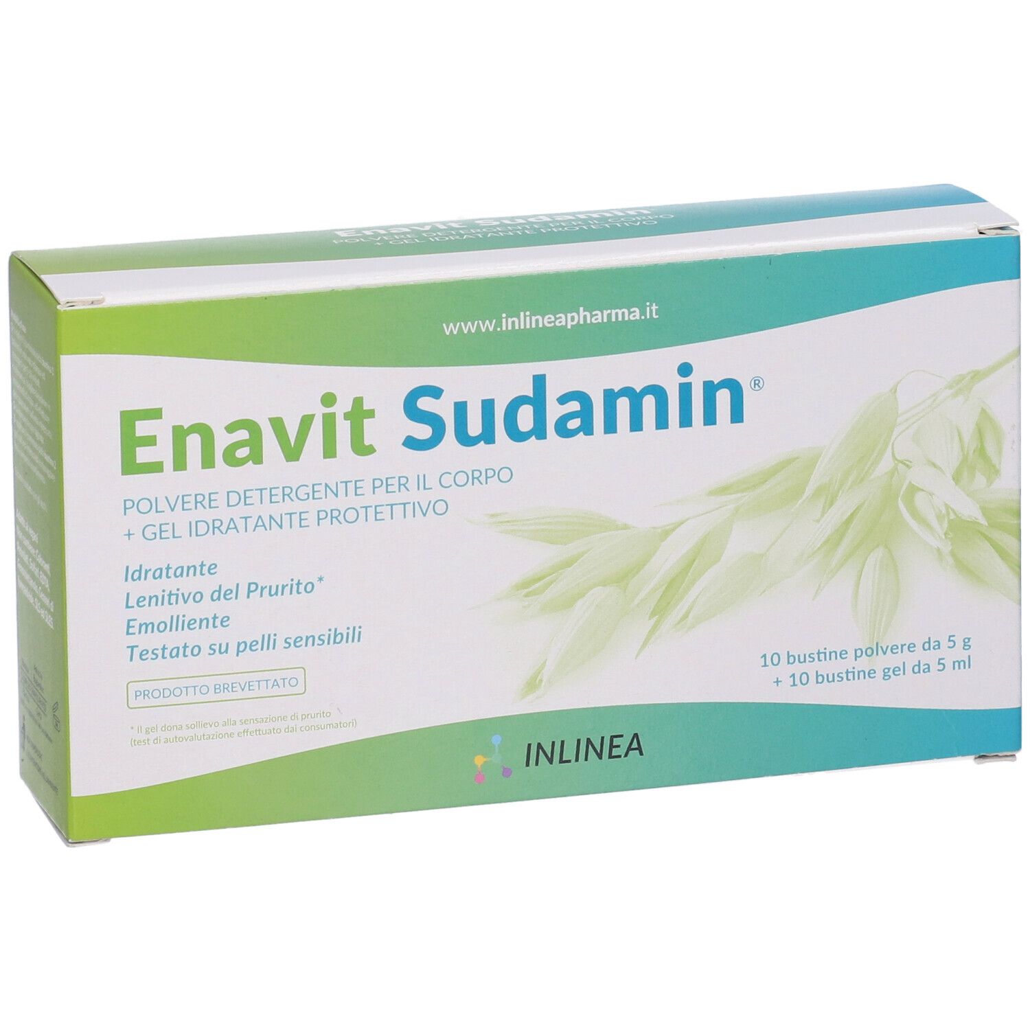 Confezione Enavit Sudamin. Scatola verde e bianca con nome e informazioni. 10 bustine polvere e 10 gel.