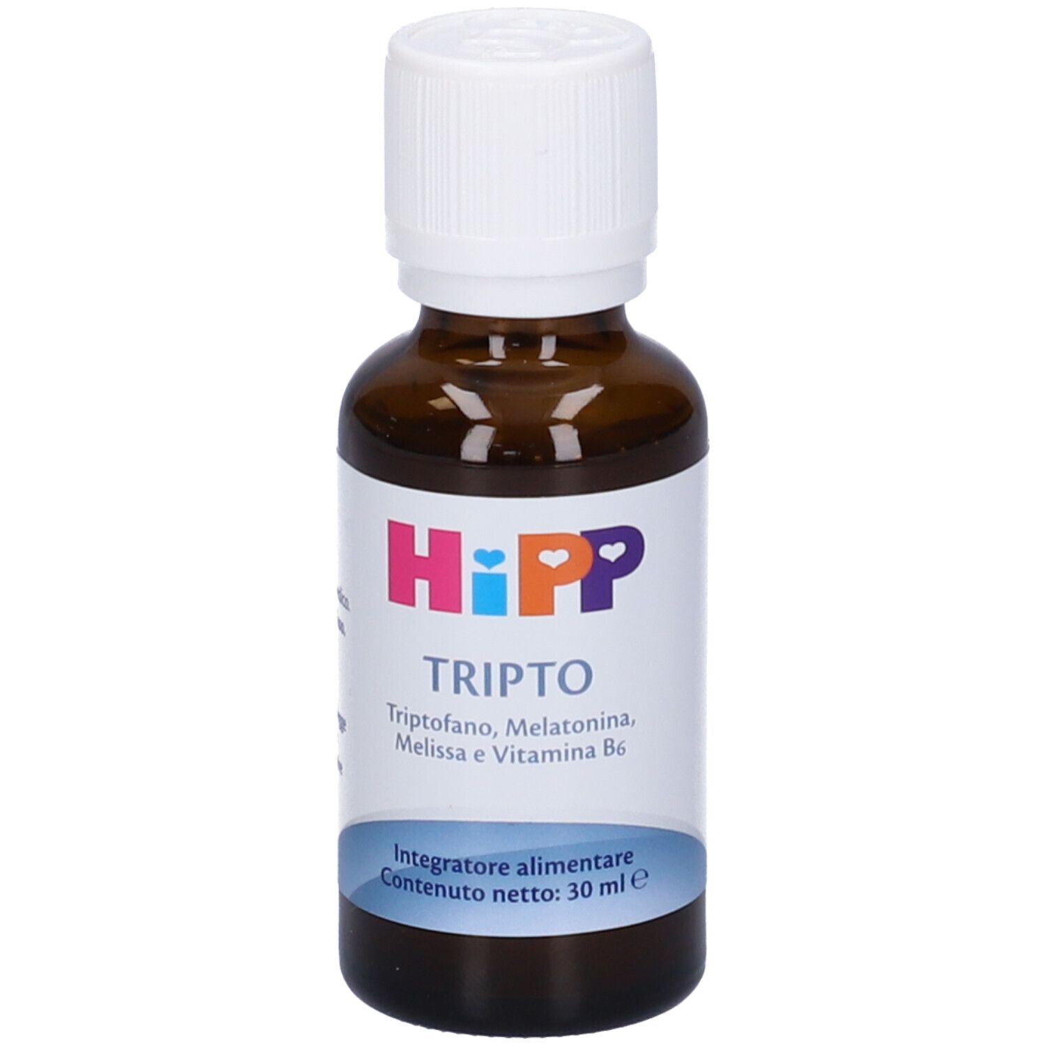 Flacone in vetro marrone con tappo bianco. Etichetta con logo HiPP e nome prodotto TRIPTO. Contiene triptofano, melatonina, melissa e vitamina B6.