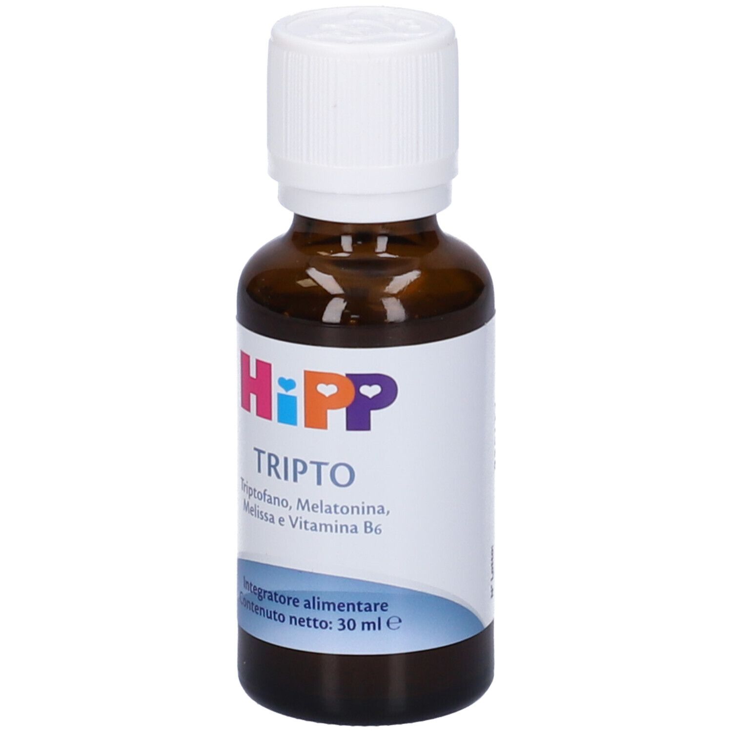 Flacone in vetro marrone con tappo bianco. Etichetta con logo HiPP e nome prodotto TRIPTO. Contiene triptofano, melatonina, melissa e vitamina B6.