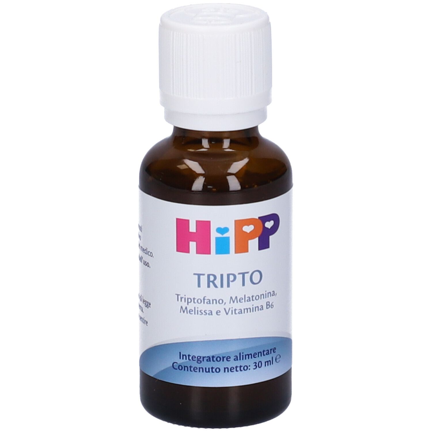 Flacone in vetro marrone con tappo bianco. Etichetta con logo HiPP e nome prodotto TRIPTO. Contiene triptofano, melatonina, melissa e vitamina B6.
