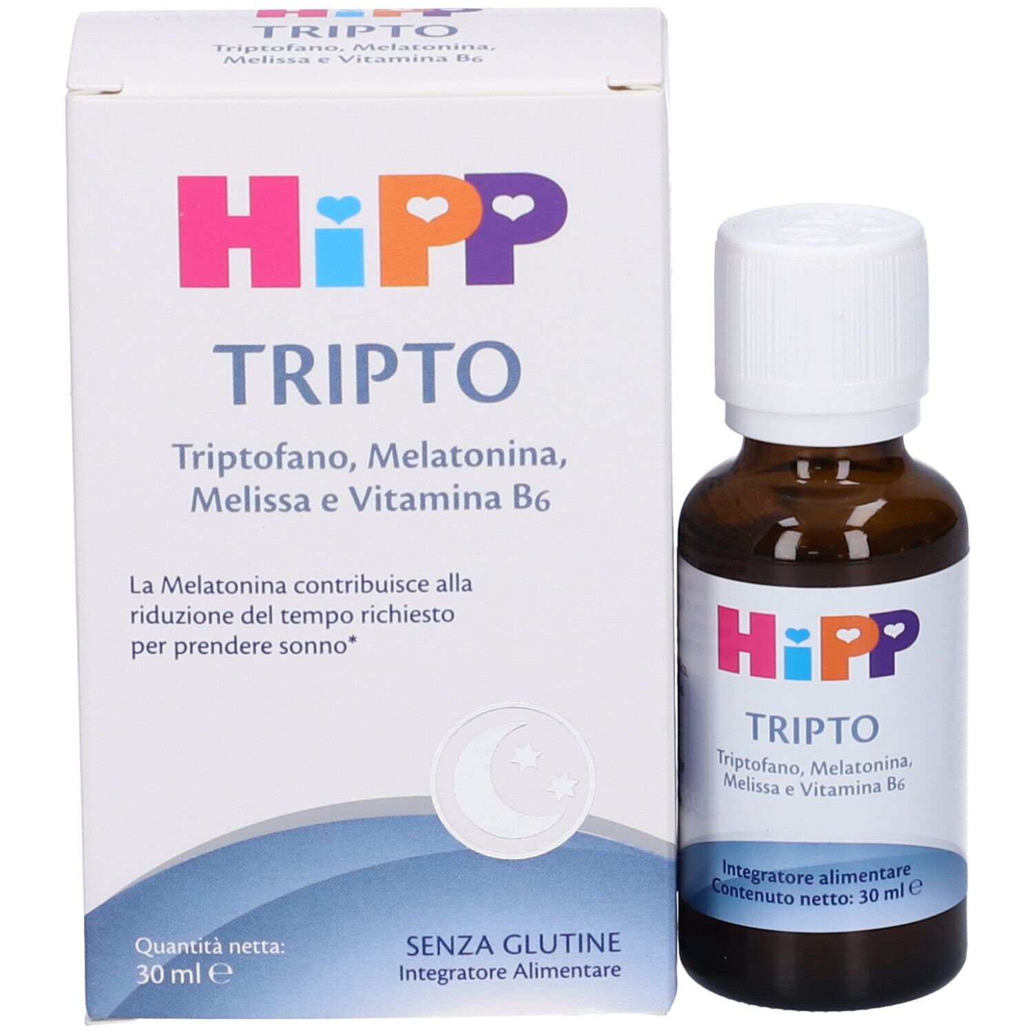 Flacone in vetro marrone e confezione. Confezione con logo HiPP e nome prodotto TRIPTO. Contiene triptofano, melatonina, melissa e vitamina B6.