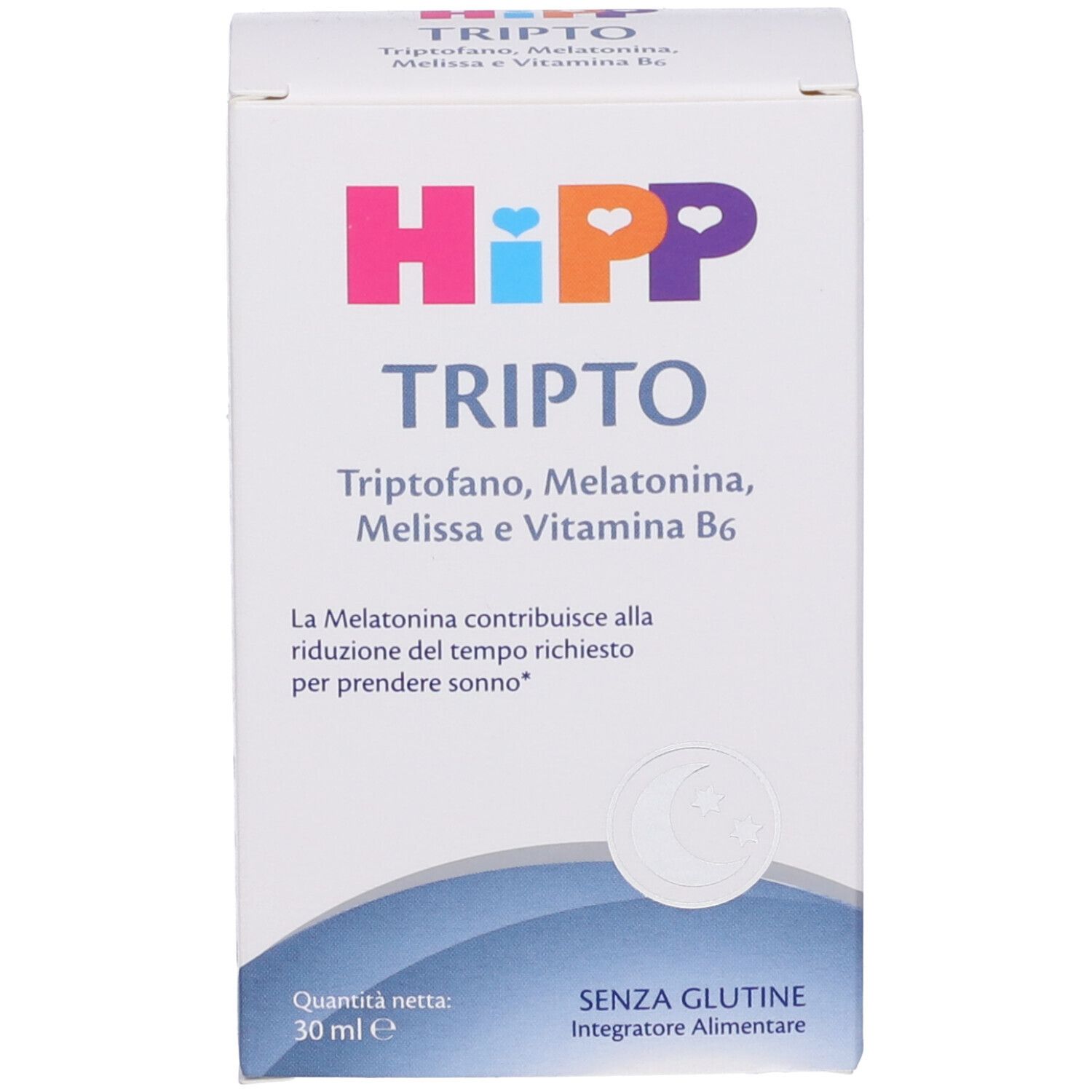 Confezione del prodotto con logo HiPP e nome prodotto TRIPTO. Contiene triptofano, melatonina, melissa e vitamina B6. Senza glutine.