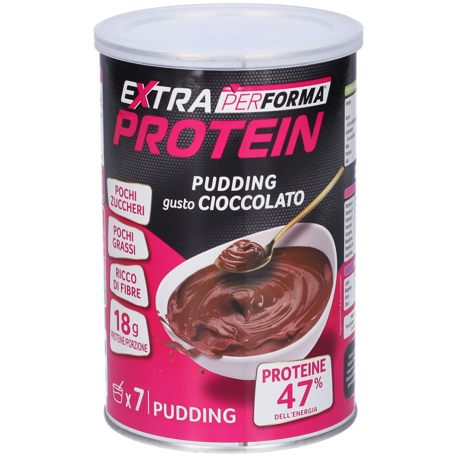 Barattolo cilindrico di Performa Extra Protein Pudding Cioccolato. Scritte: 18g proteine per porzione, 47% proteine, pochi zuccheri, pochi grassi.
