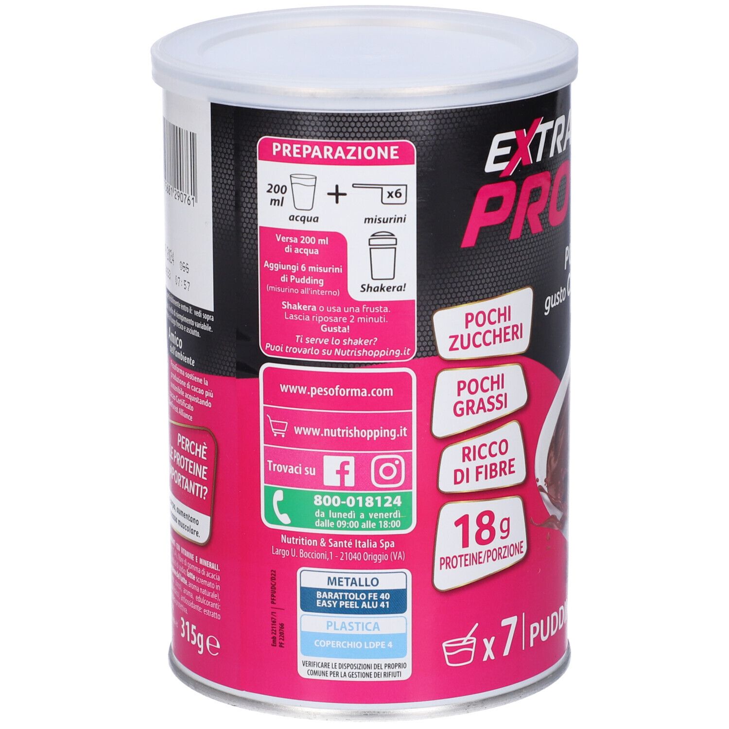 Retro del barattolo Performa Extra Protein Pudding Cioccolato. Istruzioni per la preparazione, informazioni nutrizionali, contatti e ingredienti.