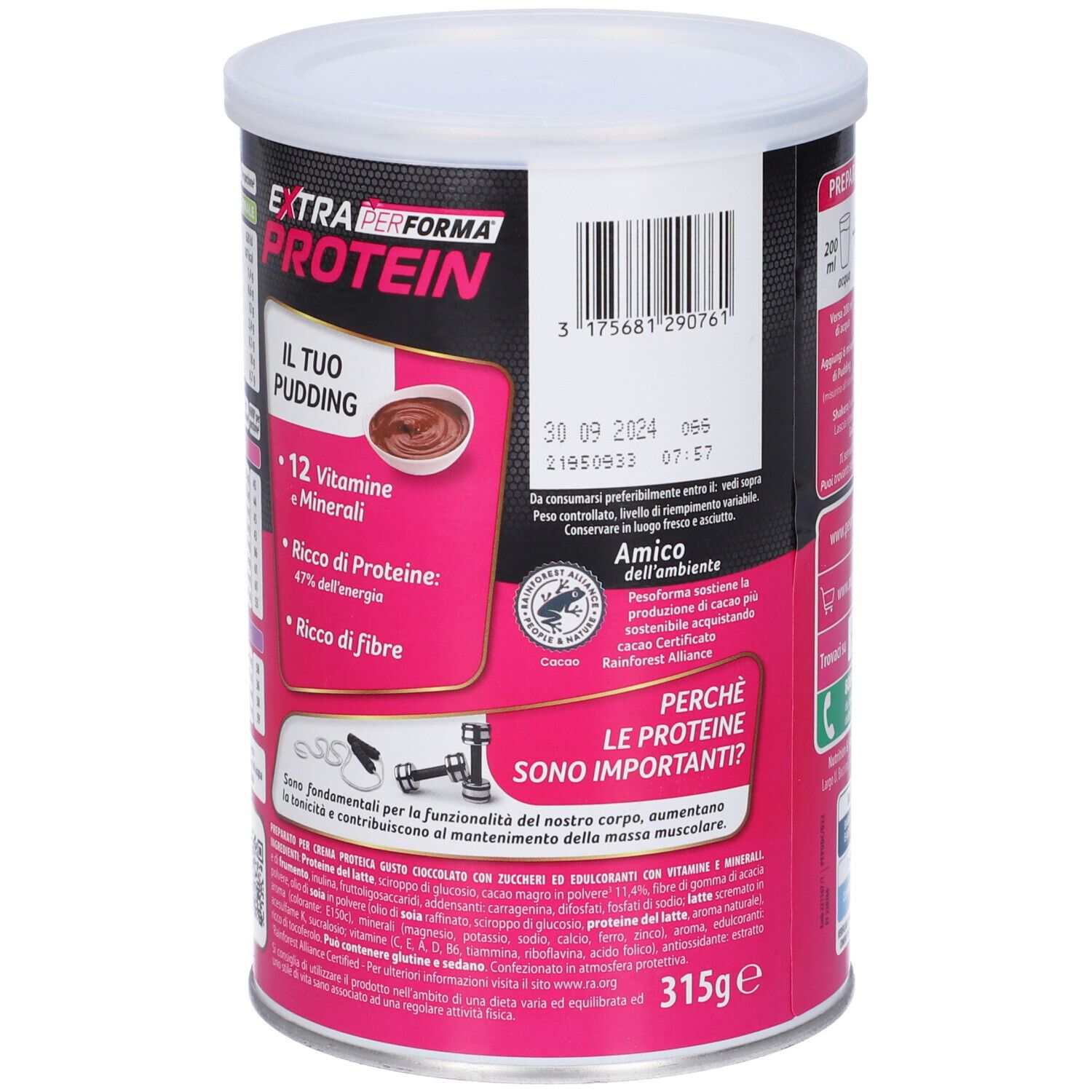 Retro del barattolo Performa Extra Protein Pudding Cioccolato. Informazioni su vitamine, minerali, contenuto proteico e ingredienti. Data di scadenza.