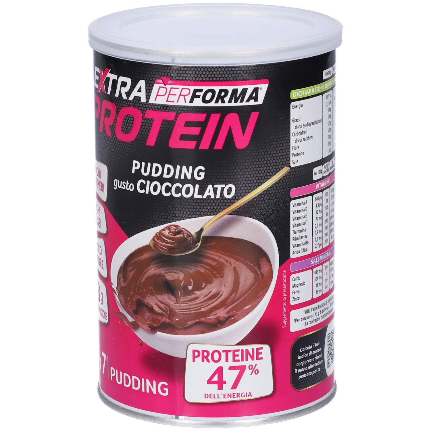 Barattolo Performa Extra Protein Pudding Cioccolato. Scritte: 47% proteine, 7 porzioni. Immagine di budino in una ciotola con un cucchiaio.