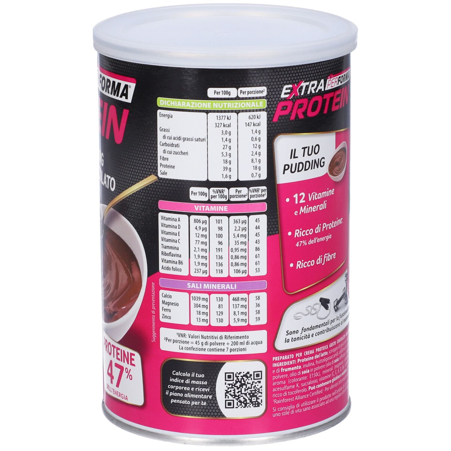 Retro del barattolo Performa Extra Protein Pudding Cioccolato. Informazioni nutrizionali, vitamine, minerali. Codice QR e informazioni sulla preparazione.