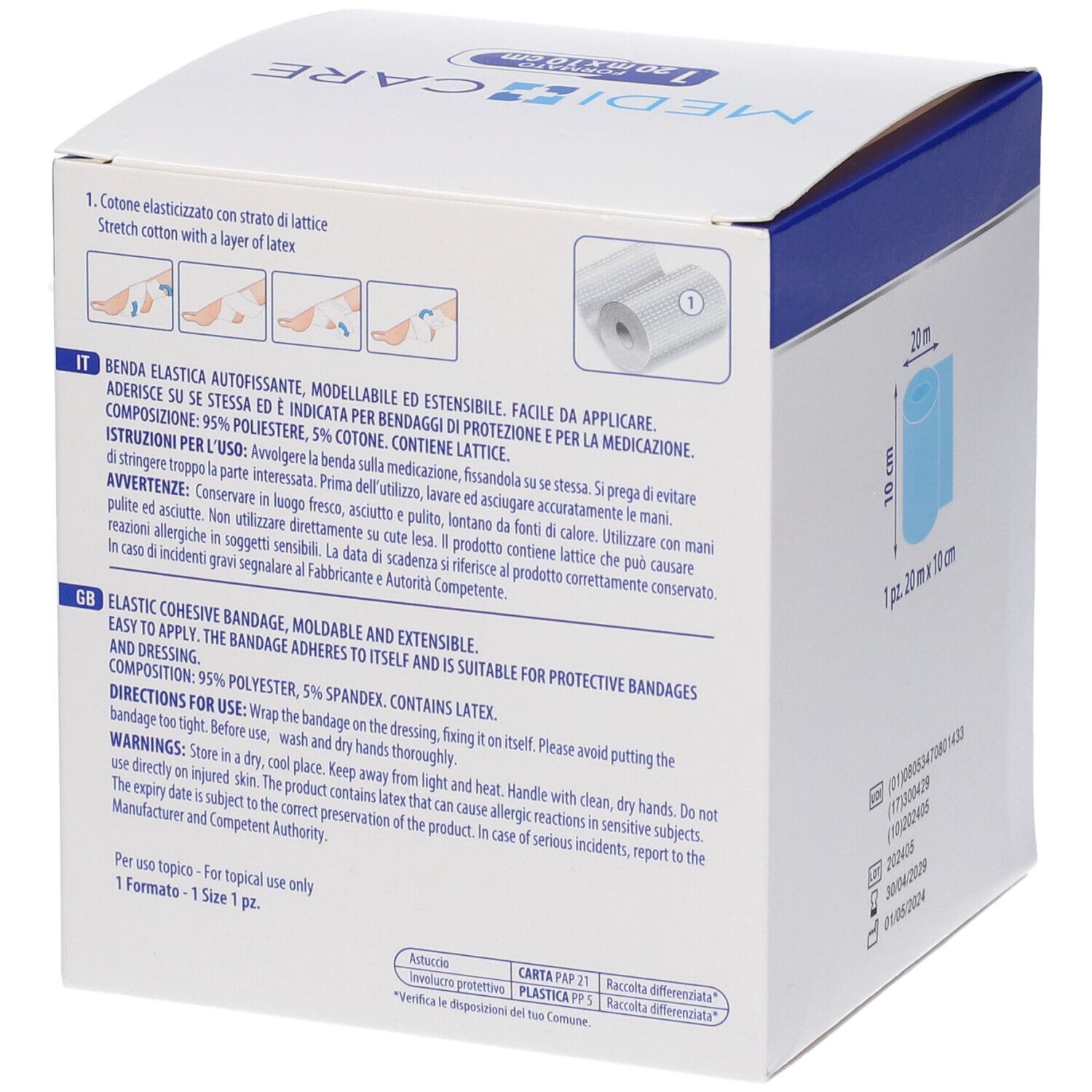 Verpackung mit Verband. Aufschrift: Medi Care. Gebrauchsanweisung. Zusammensetzung: 95% Polyester, 5% Elasthan.
