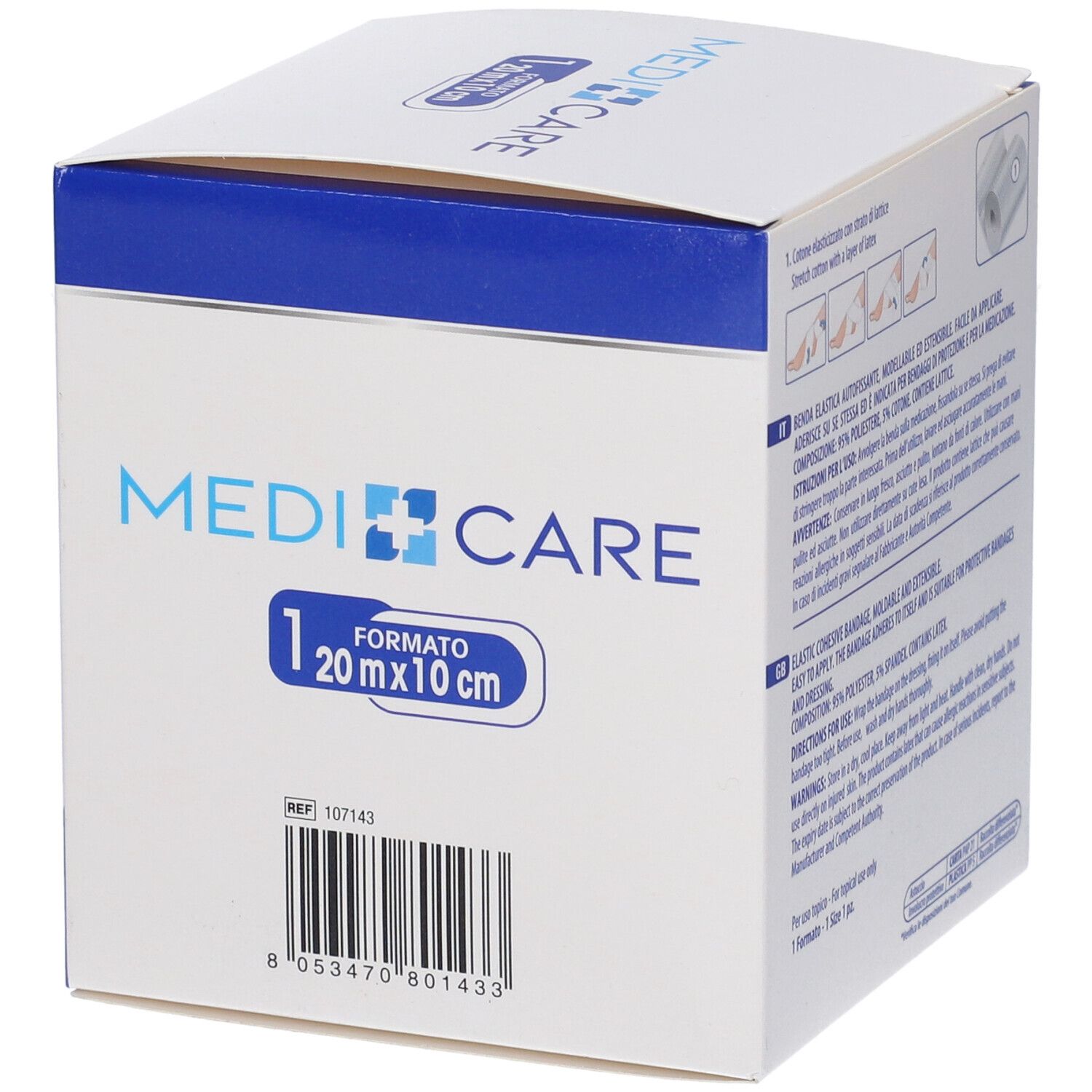 Verpackung Medi Care, 20m x 10cm. Aufschrift: Medi Care. Barcode und Referenznummer.