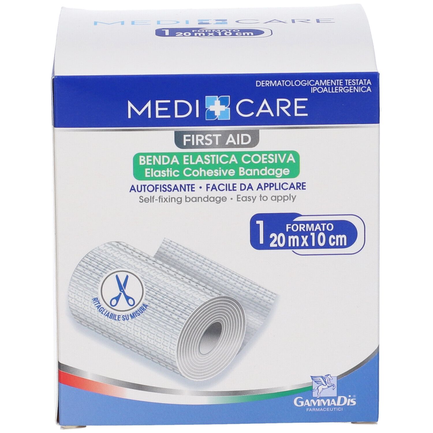Verpackung mit Verband. Aufschrift: Medi Care, 20m x 10cm. Selbstklebend. Schere-Symbol.