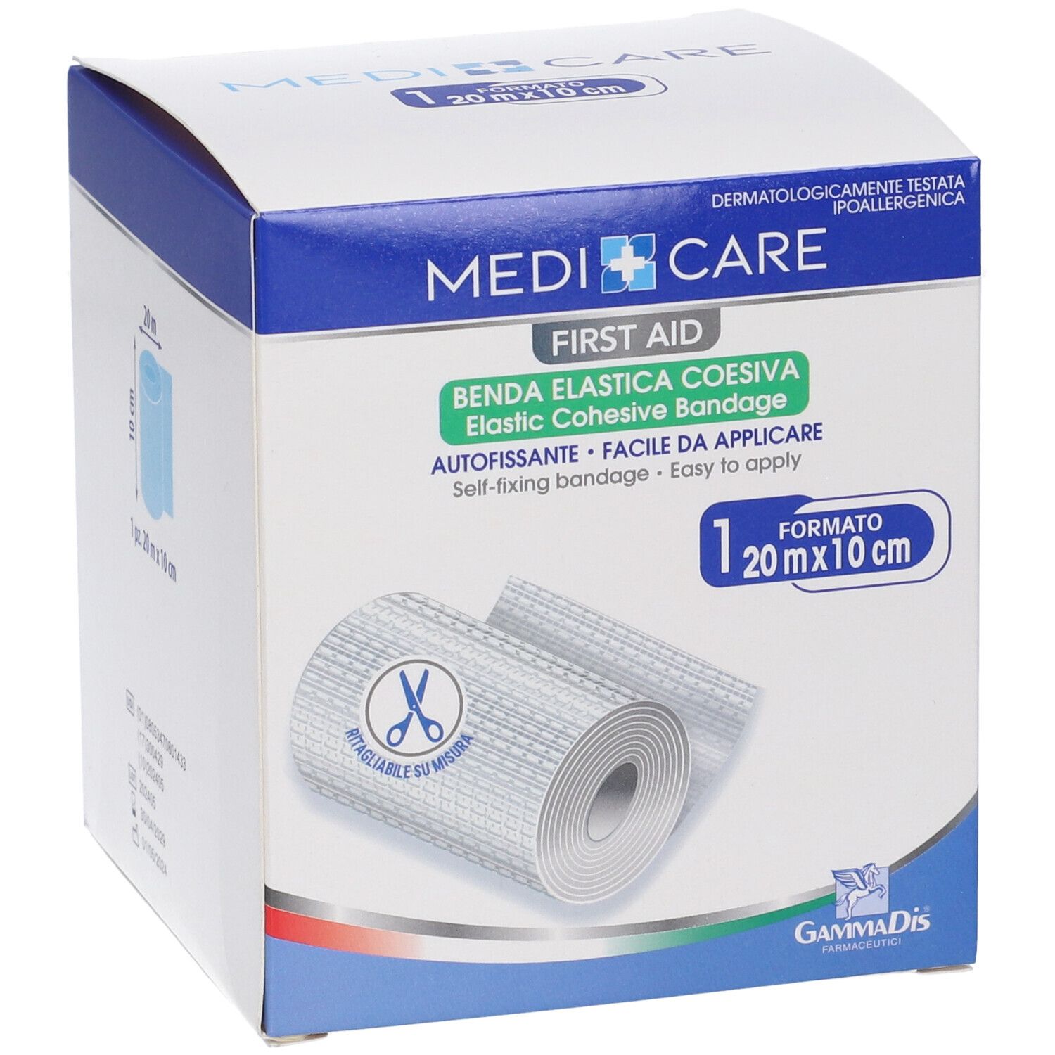 Verpackung mit Verband. Aufschrift: Medi Care, 20m x 10cm. Selbstklebend. Grün markiert.