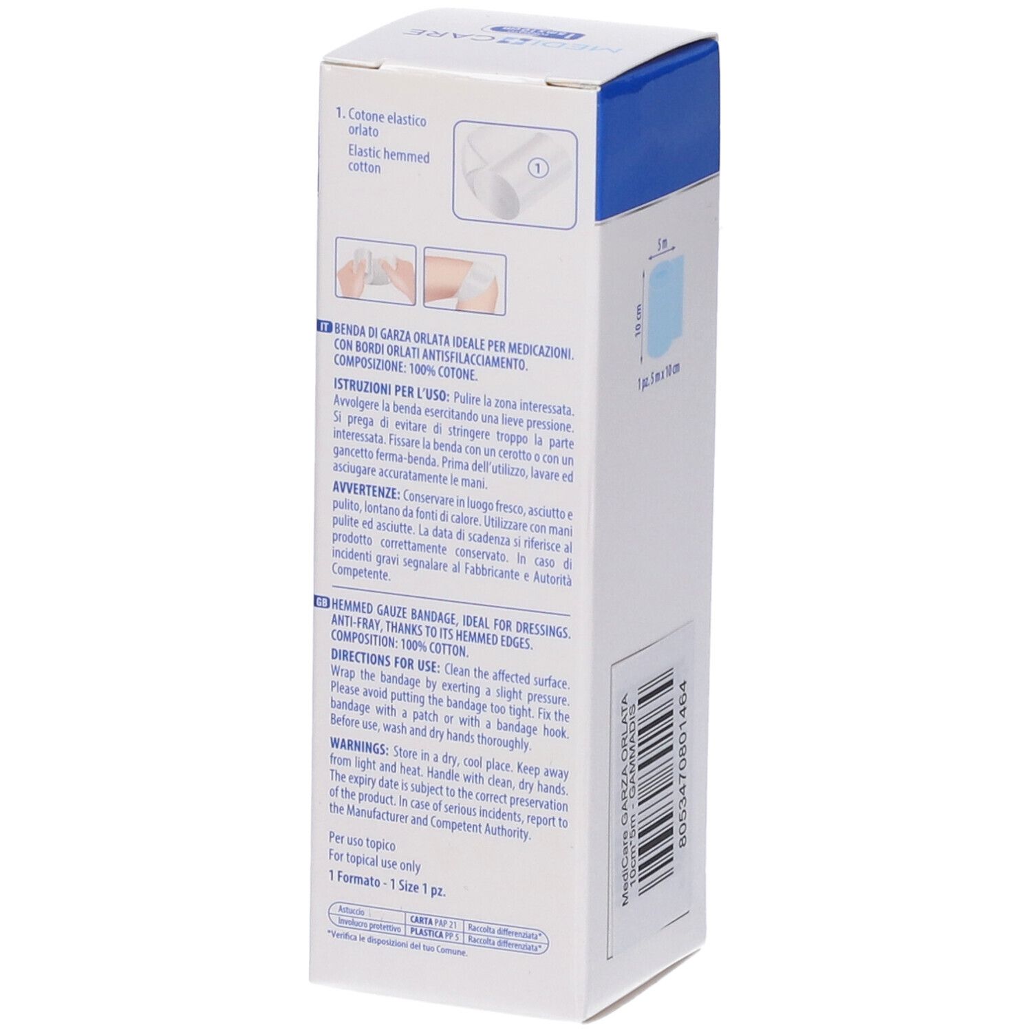 Verpackung von Benda di Garza Orlata. Medi Care. Text und Illustrationen zur Anwendung. 10x5m. Baumwolle.
