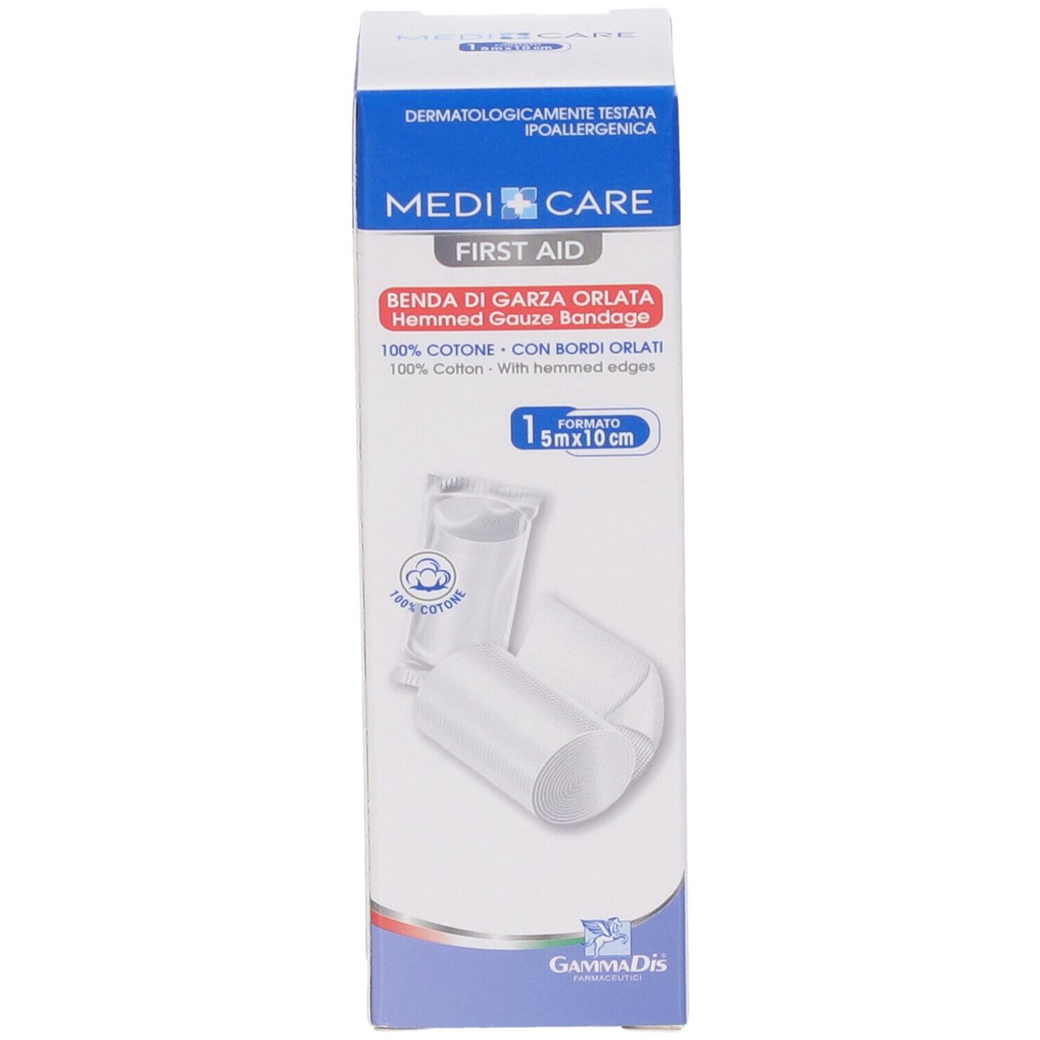 Verpackung von Benda di Garza Orlata. 10x5m. Marke: Medi Care. Baumwolle. Mit gesäumten Kanten. Abbildung des Produkts.