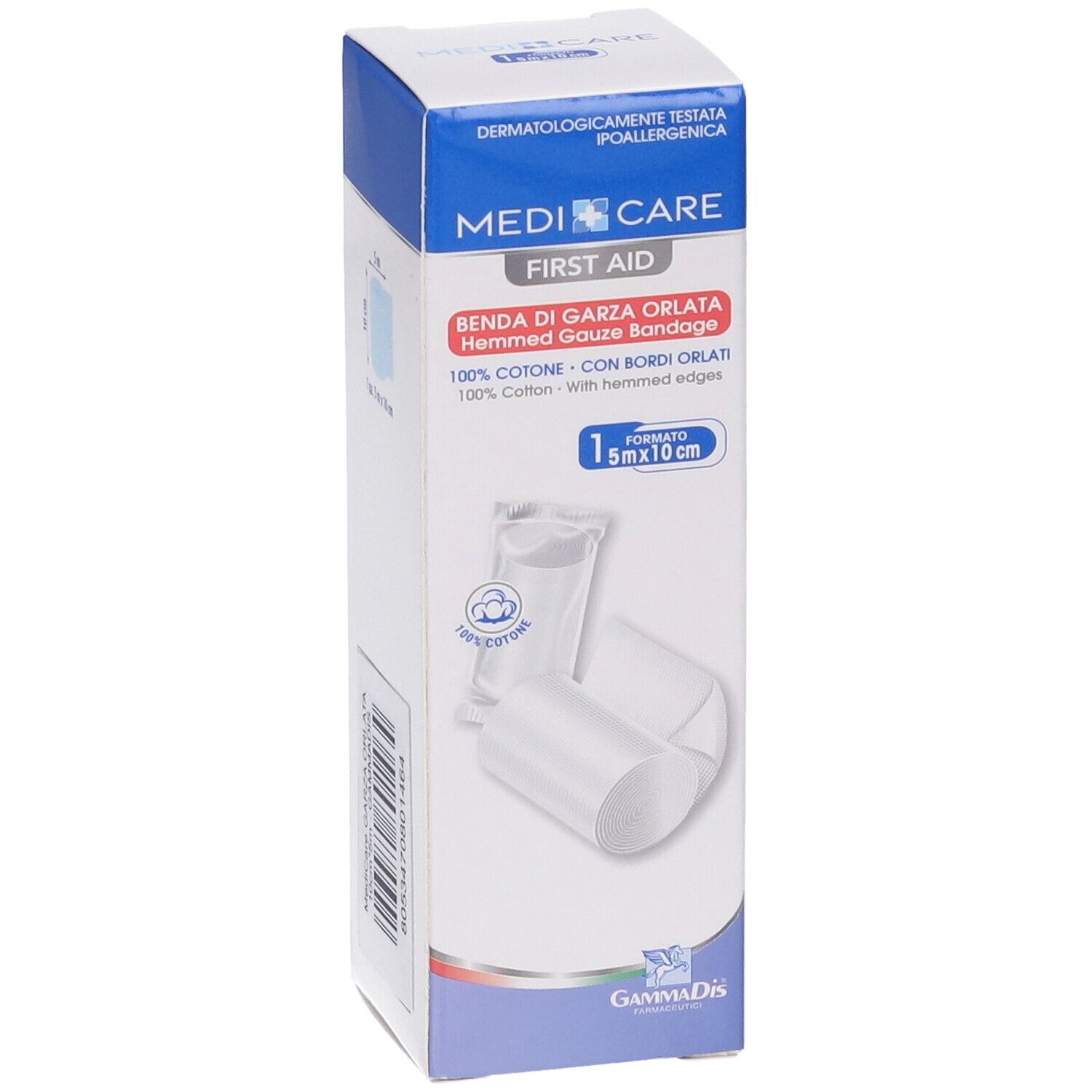 Verpackung von Benda di Garza Orlata. 10x5m. Marke: Medi Care. Baumwolle. Mit gesäumten Kanten. Abbildung des Produkts.