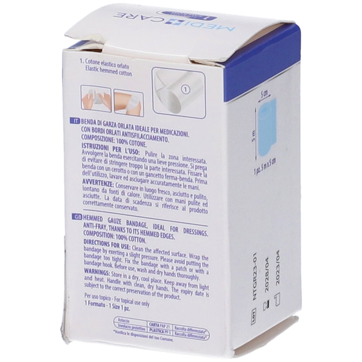 Medicare Benda di Garza Orlata, 1 Stück, 5x5 cm. Elastische Baumwolle mit umkettelten Rändern.