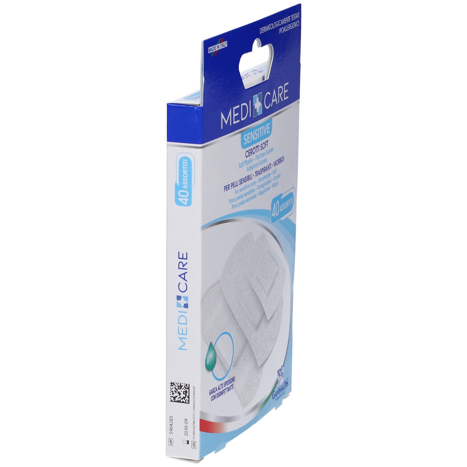 Seitenansicht der Verpackung. Aufschrift: Medicare Sensitive Cerotti Soft. 40 Stück. Mit Desinfektionsmittel.