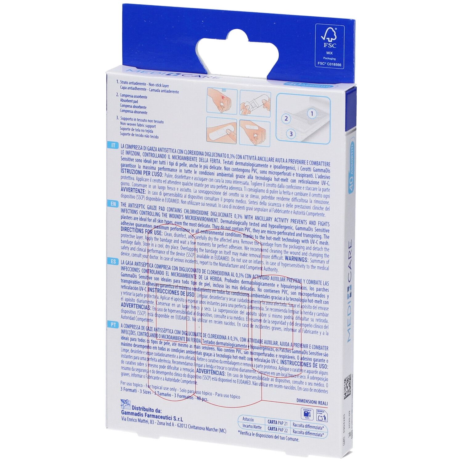 Rückseite der Verpackung. Text in mehreren Sprachen. Abbildungen zur Anwendung. FSC-Zertifizierung.