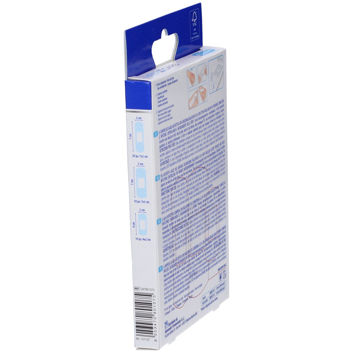 Seitenansicht der Verpackung. Text und Illustrationen. FSC-Zertifizierung.