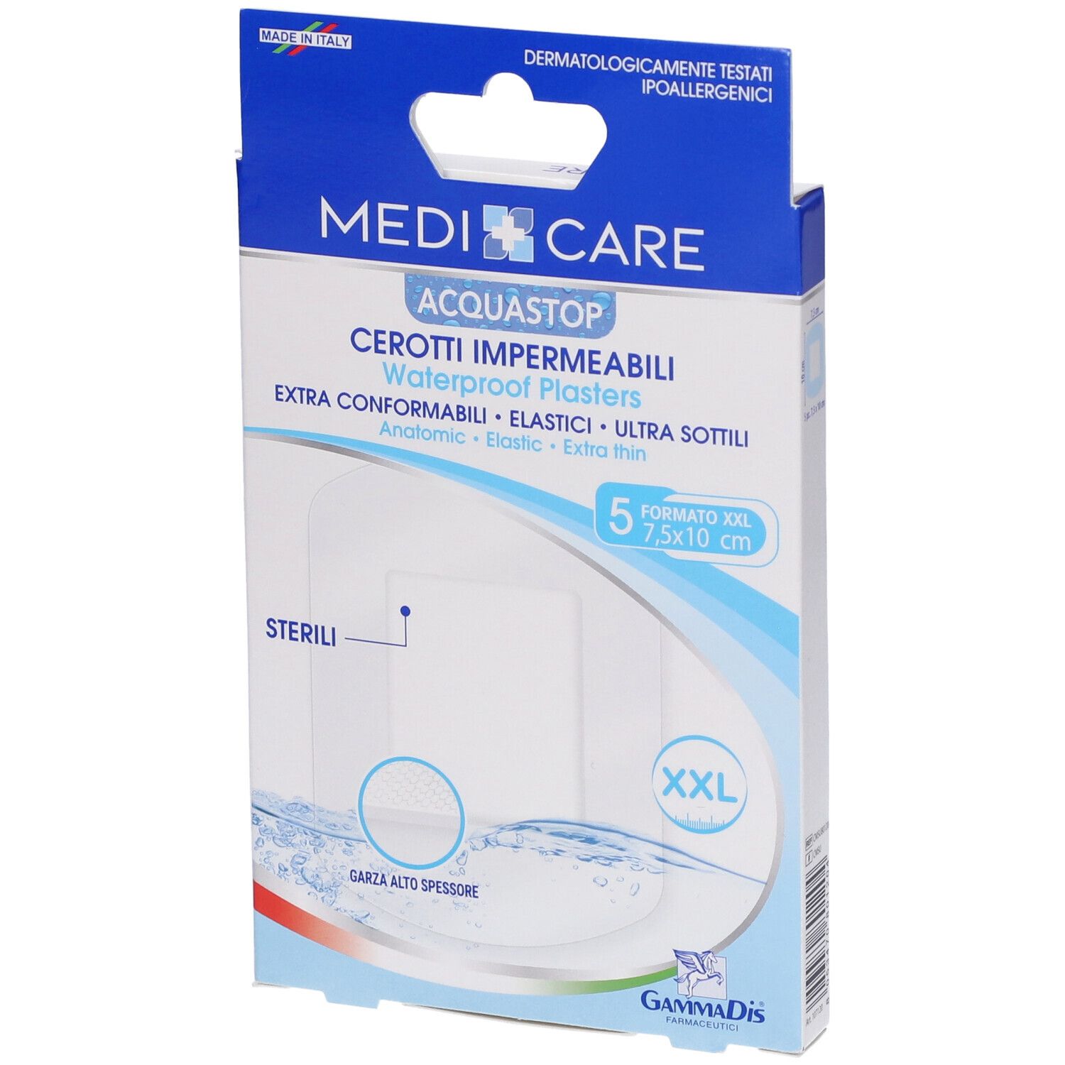 Verpackung mit MEDICARE CER ANTIACQ ST 10X8 Pflastern. Enthält 5 Stück. XXL-Format, 7,5x10 cm. Wasserfest, extra dünn.