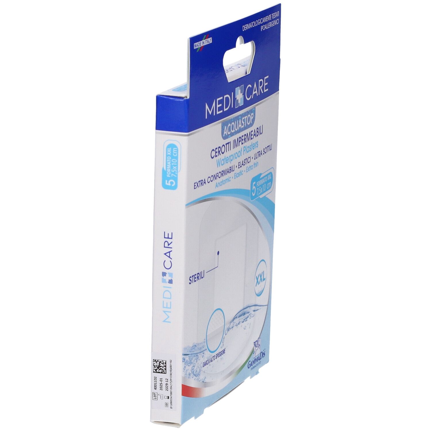 Seitenansicht der MEDICARE CER ANTIACQ ST 10X8 Verpackung. Enthält 5 Pflaster. XXL-Format. Wasserfest.