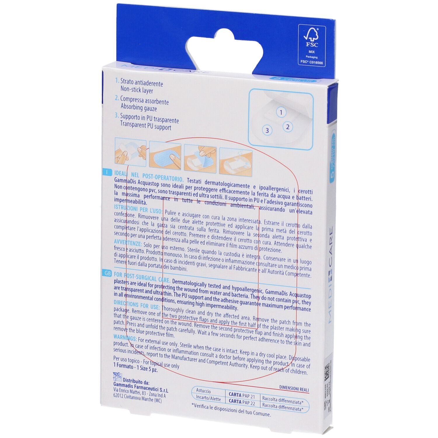 Rückseite der MEDICARE CER ANTIACQ ST 10X8 Verpackung. Text mit Anweisungen und Inhaltsstoffen. FSC-Logo.