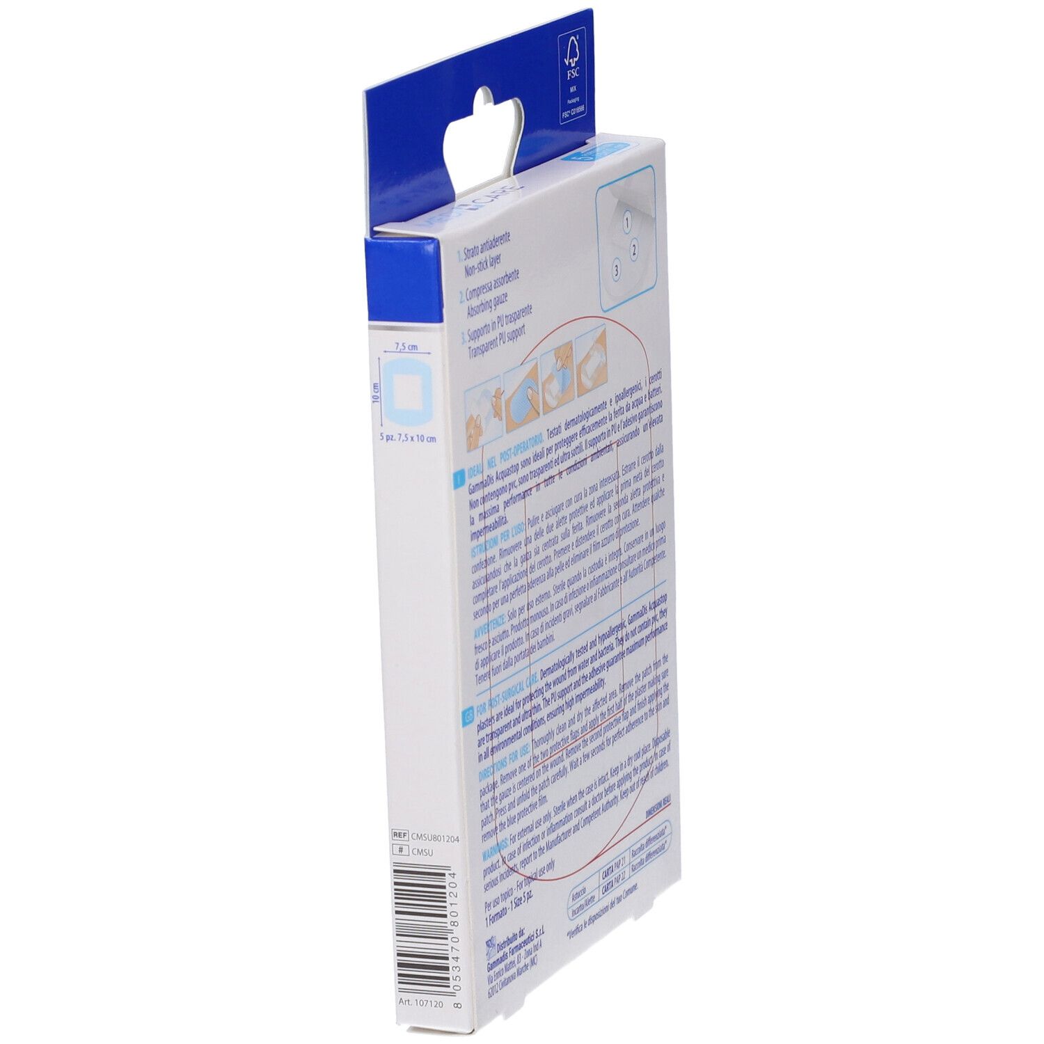 Seitenansicht der MEDICARE CER ANTIACQ ST 10X8 Verpackung. Text und Abbildungen. FSC-Logo.