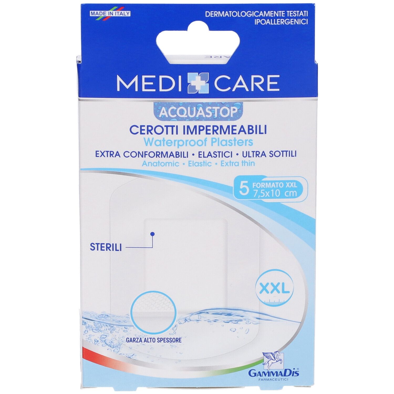 Vorderansicht der MEDICARE CER ANTIACQ ST 10X8 Verpackung. Enthält 5 Pflaster. XXL-Format, 7,5x10 cm.