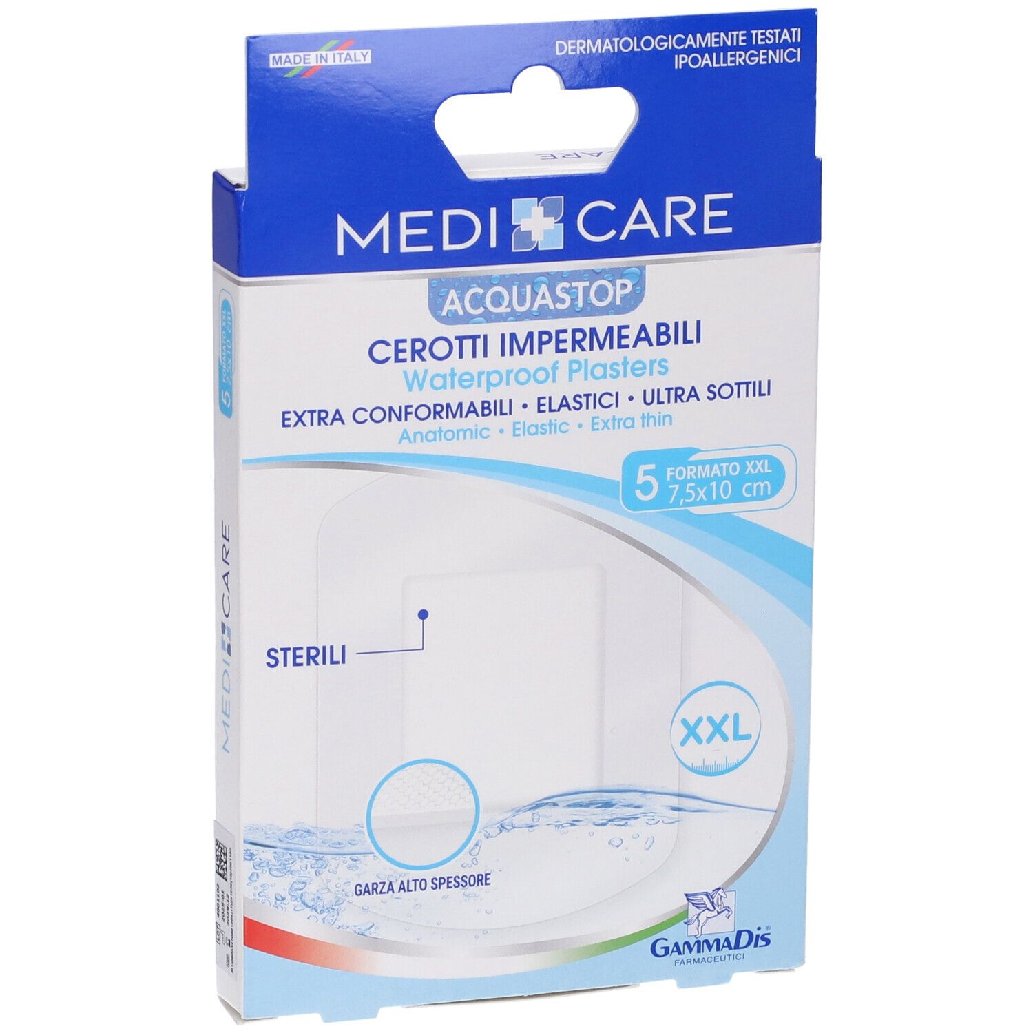 Vorderansicht der MEDICARE CER ANTIACQ ST 10X8 Verpackung. Enthält 5 Pflaster. XXL-Format, 7,5x10 cm. Wasserfest.