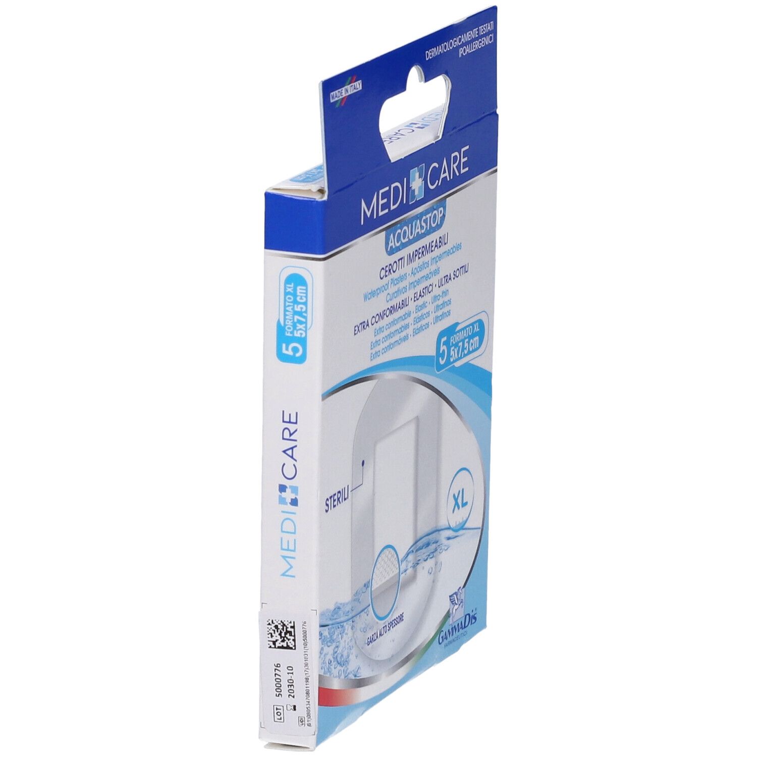 Verpackung mit Pflastern. Marke: Medicare. AquaStop. 5 Stück, 7,5x5 cm. Steril. XL. Seitenansicht.