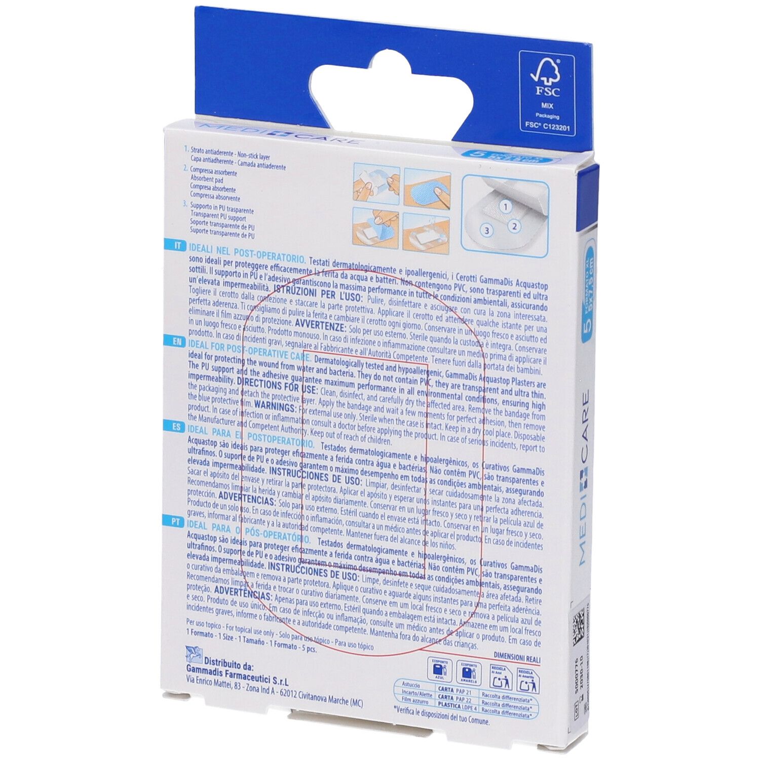 Rückseite der Verpackung mit Produktinformationen und Gebrauchsanweisung. Marke: Medicare.