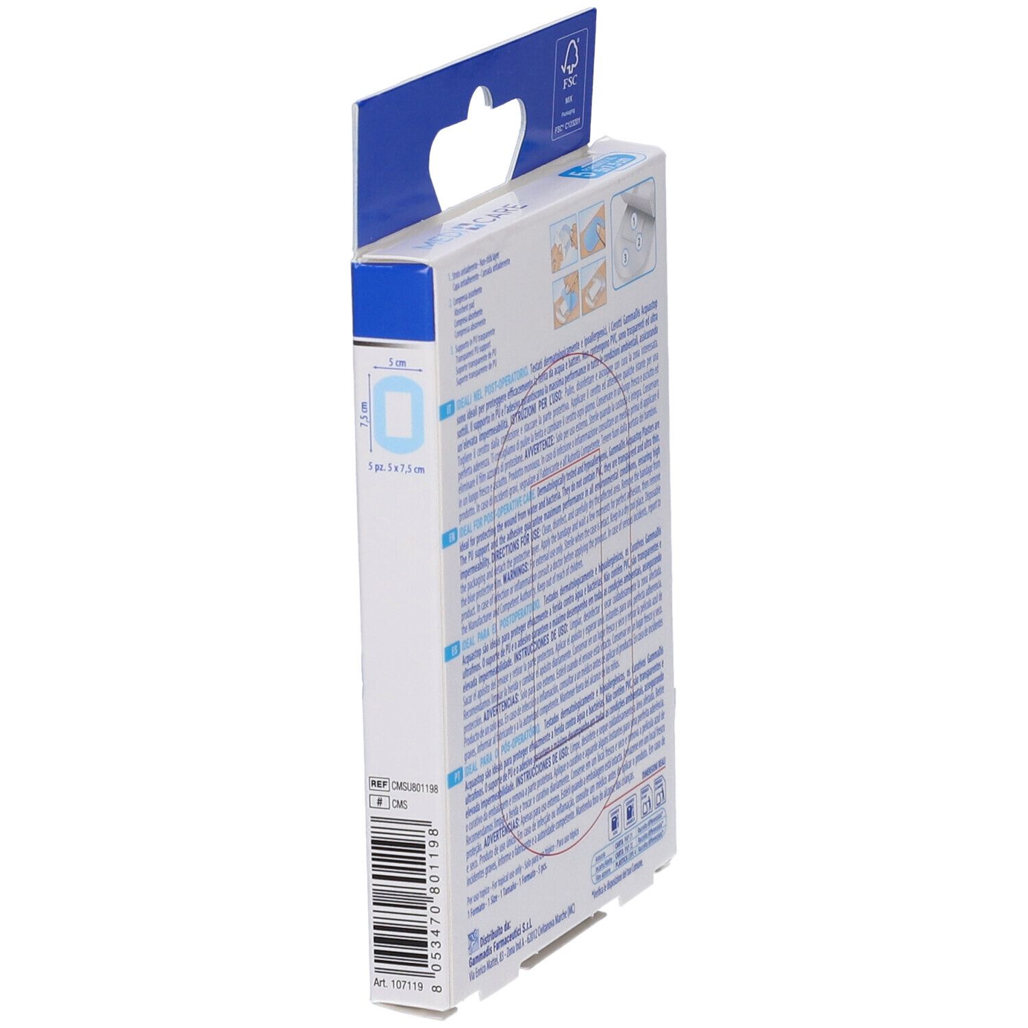Seitenansicht der Verpackung mit Produktinformationen. Marke: Medicare. 5 Stück, 7,5x5 cm.