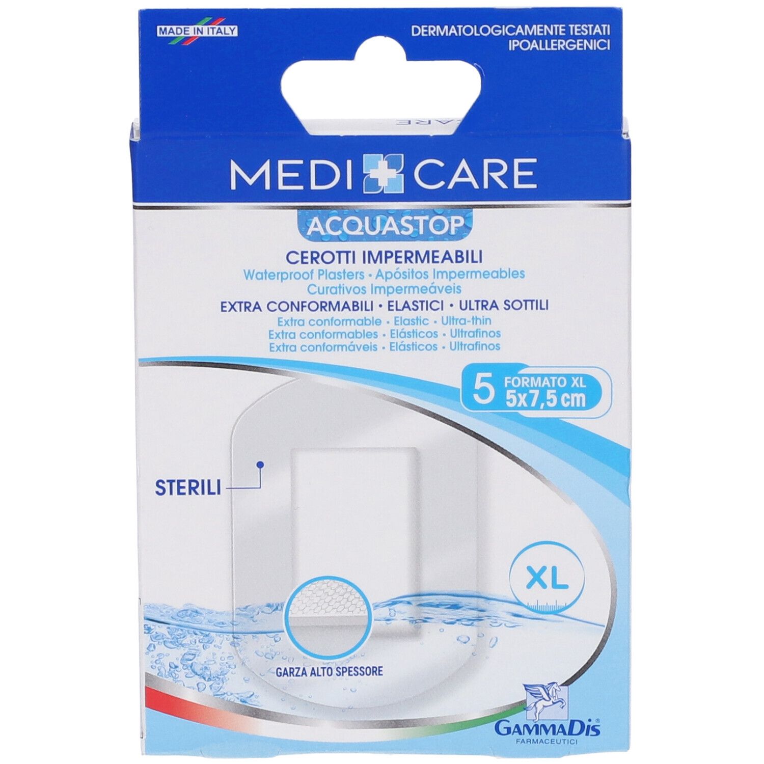 Verpackung mit Pflastern. Marke: Medicare. AquaStop. 5 Stück, 7,5x5 cm. Steril. XL. Dermatologisch getestet.