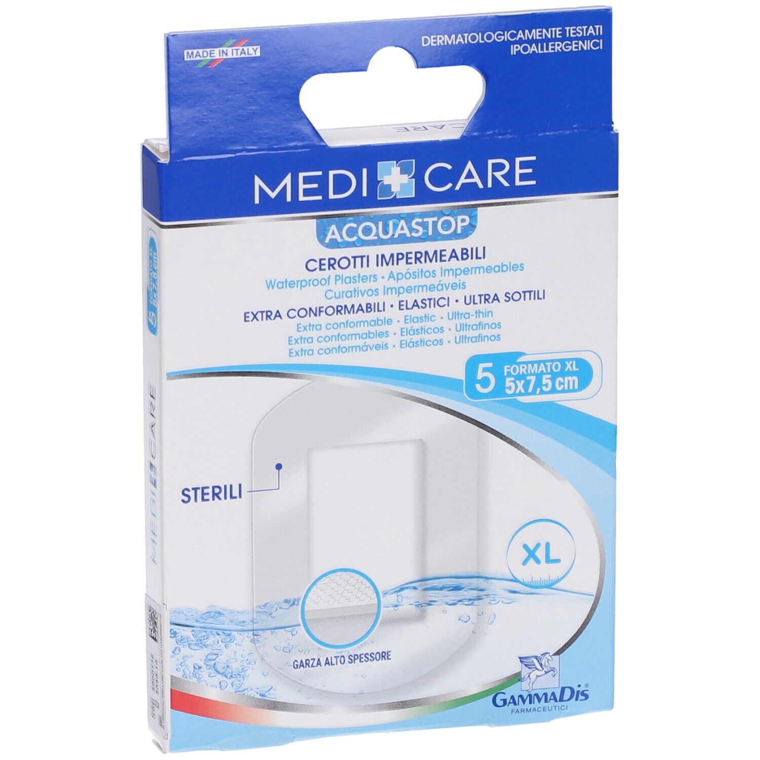 Verpackung mit Pflastern. Marke: Medicare. AquaStop. 5 Stück, 7,5x5 cm. Steril. XL. Dermatologisch getestet.