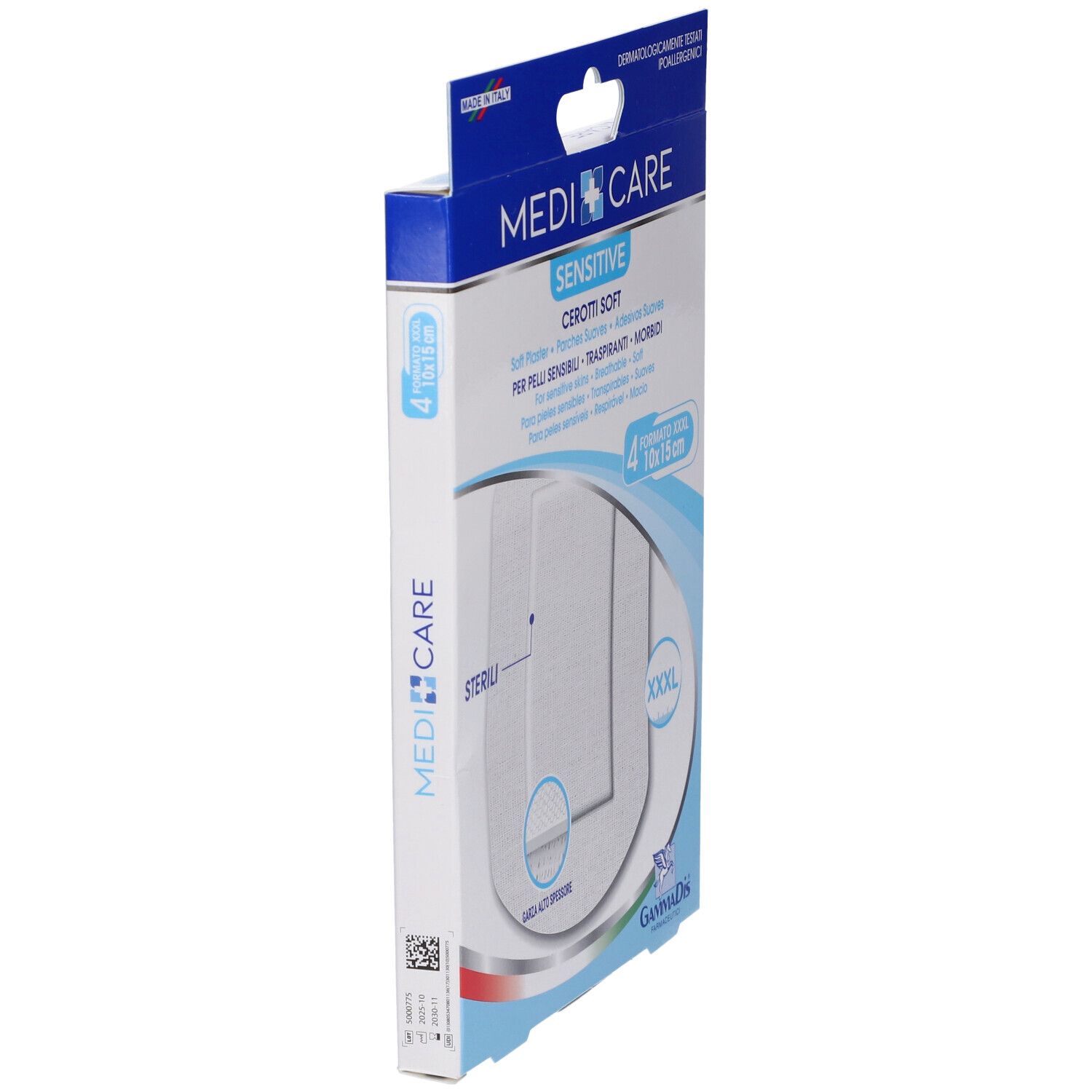 Seitenansicht der MEDICARE CEROTTI SOFT Verpackung. Zeigt das Produkt und die Aufschrift: Sensitive, Sterili, XXXL, 4x10x15cm.