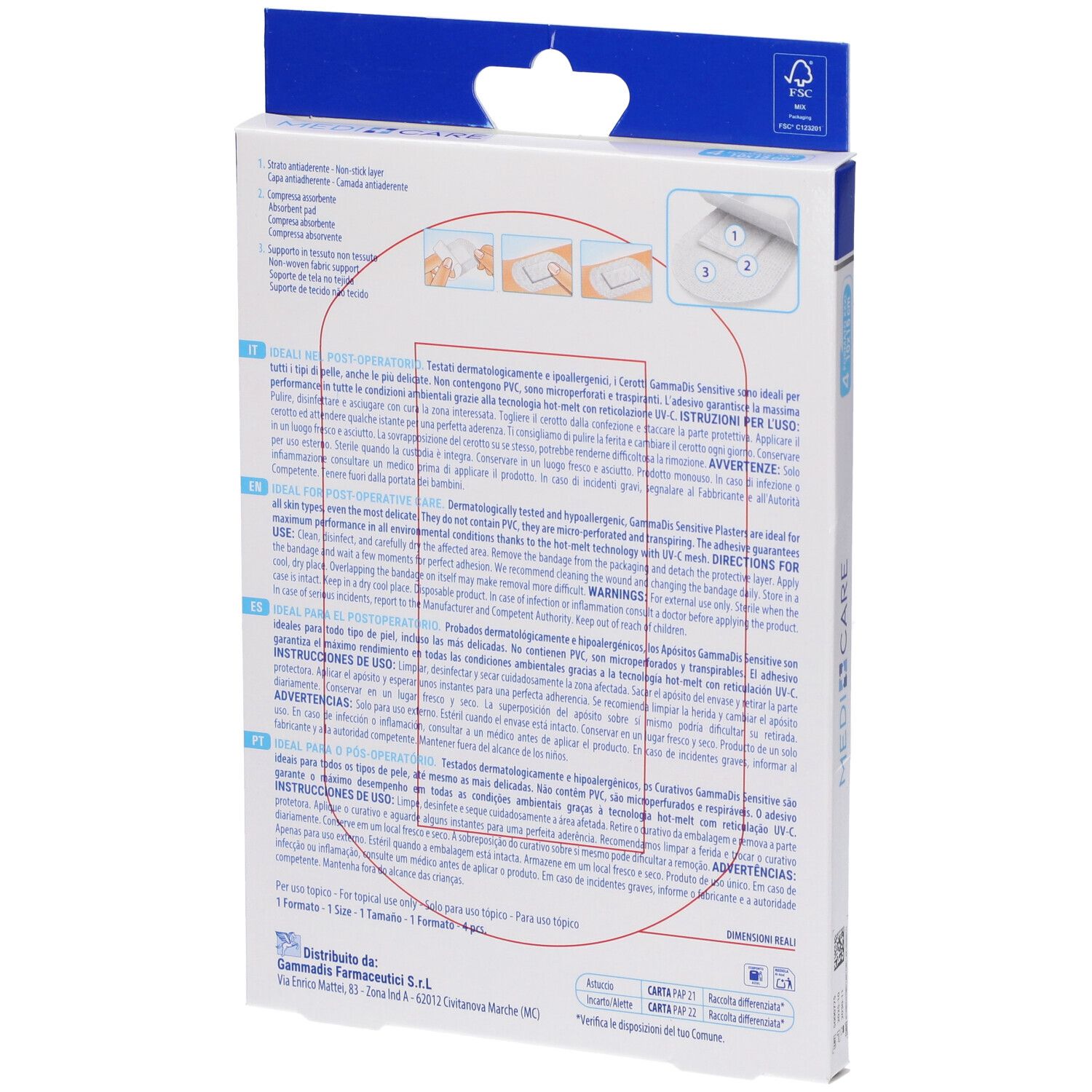 Rückseite der MEDICARE CEROTTI SOFT Verpackung. Text in mehreren Sprachen. Abbildungen zur Anwendung. FSC-Logo.